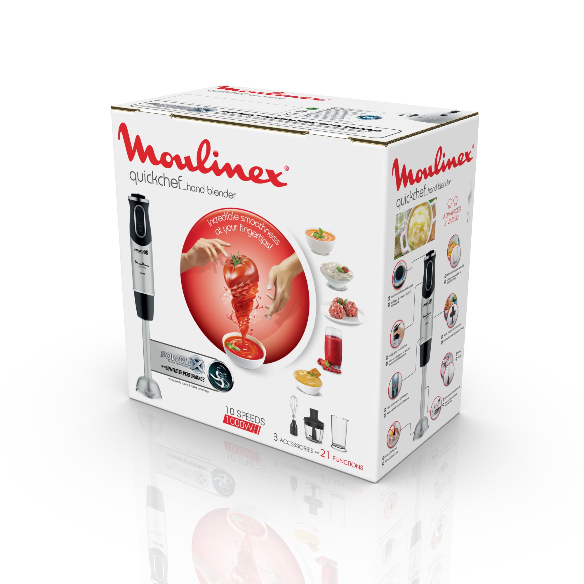 Moulinex Pied mixeur, 4 lames Powelix, 10 vitesses, appareil 3-en-1, hachoir et fouet, 1 000 W, Quickchef, DD655811