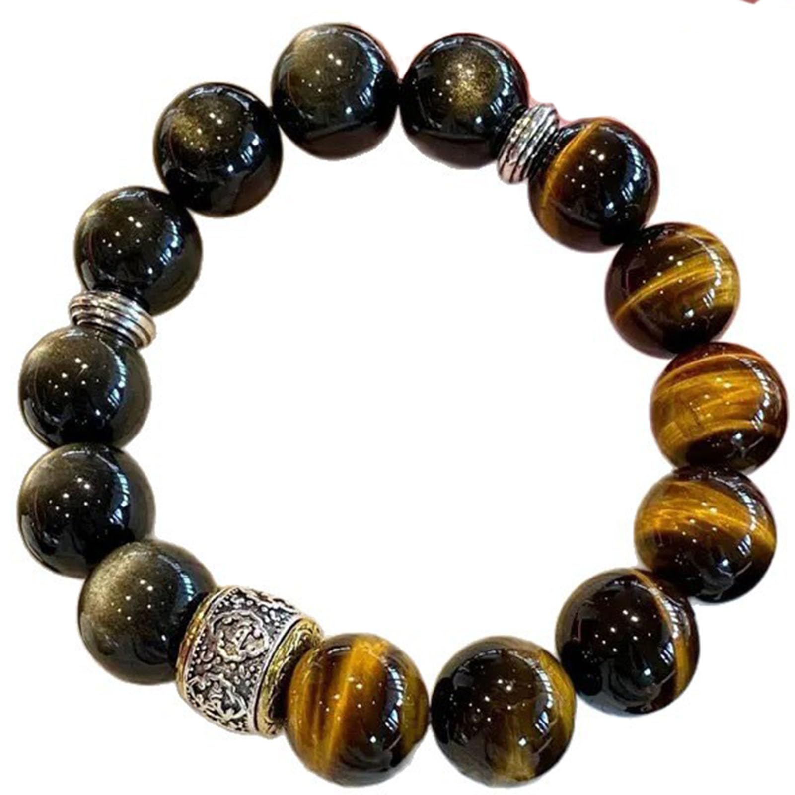 Bracciale in Ossidiana con Occhio di Tigre Giallo e lucentezza Dorata - Perline di Cristallo Nero e Marrone Dorato Naturale per Protezione e Sicurezza, Gioielli Elasticizzati,12MM