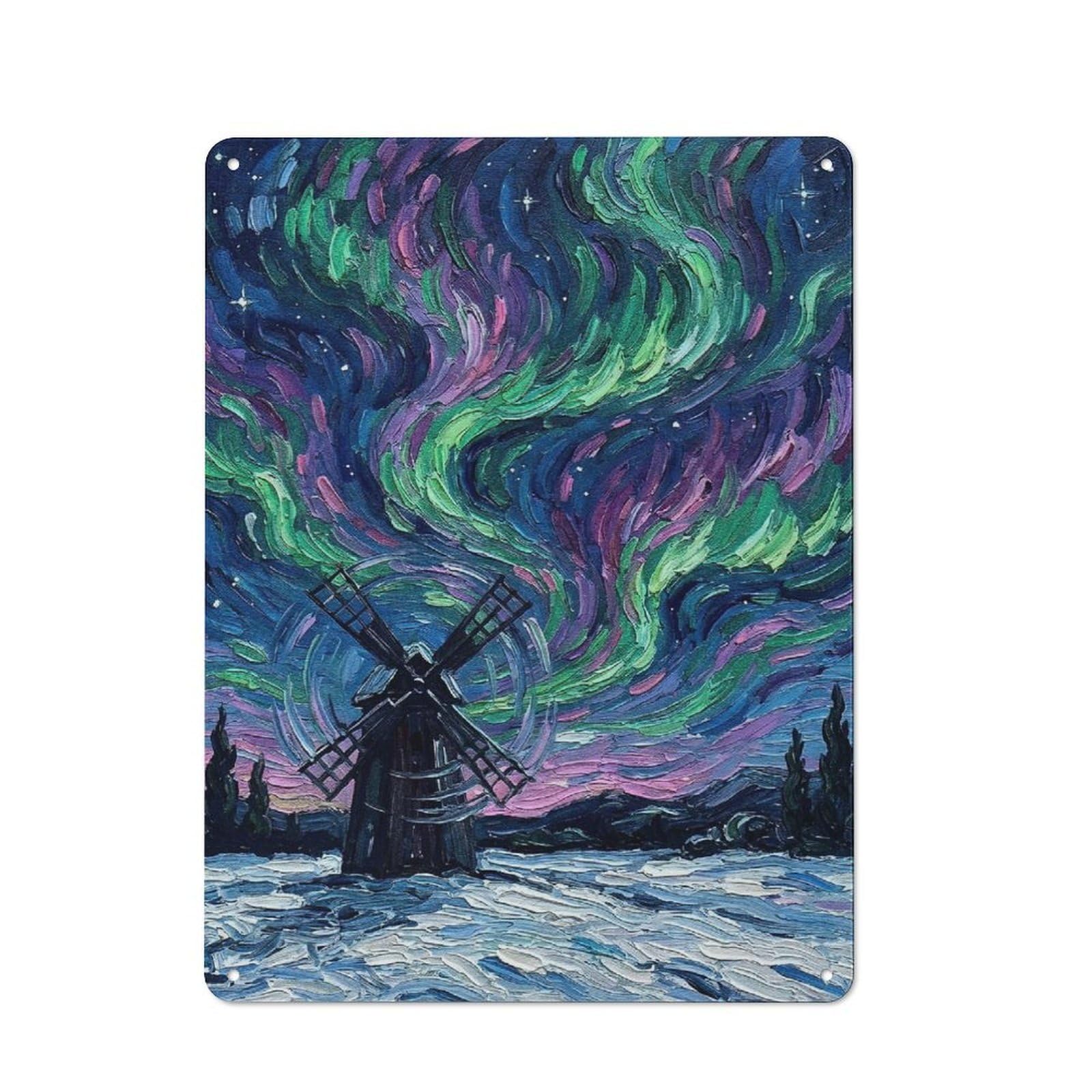 Junmoney Style-19 Metal Wall Sign 40X30cm Featuring Windmill Under Northern Lights For Café Or Home Bar, A Decorative Gift For A Newly Furnished Café And Home Bar