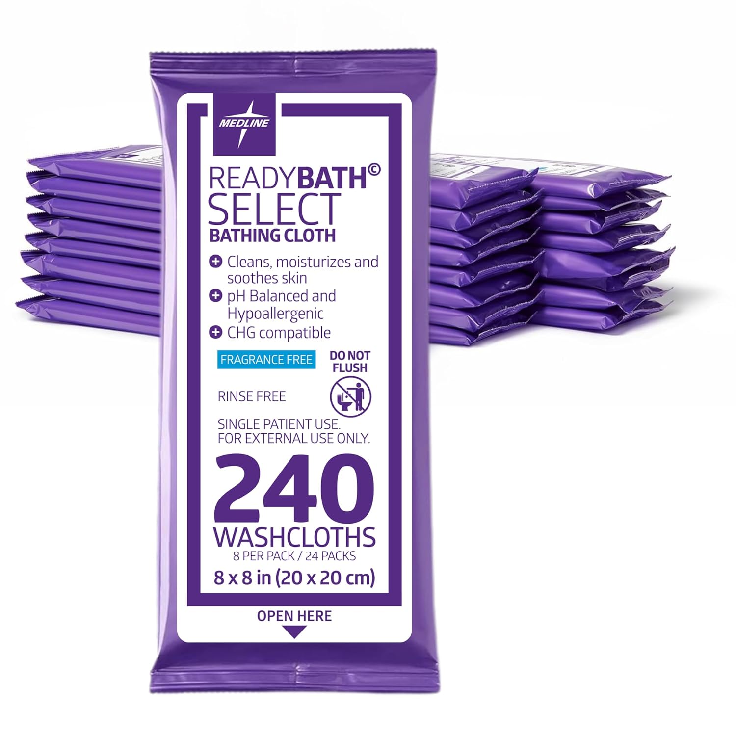 Medline Readybath Body Wipes, Shower and Bath for Adults, No Rinse Disposable Washcloths, Extra Thick, Hypoallergenic, Alcohol-Free, Aloe-Infused, Unscented, 240 Count (30 Packs), 8×8 Inch