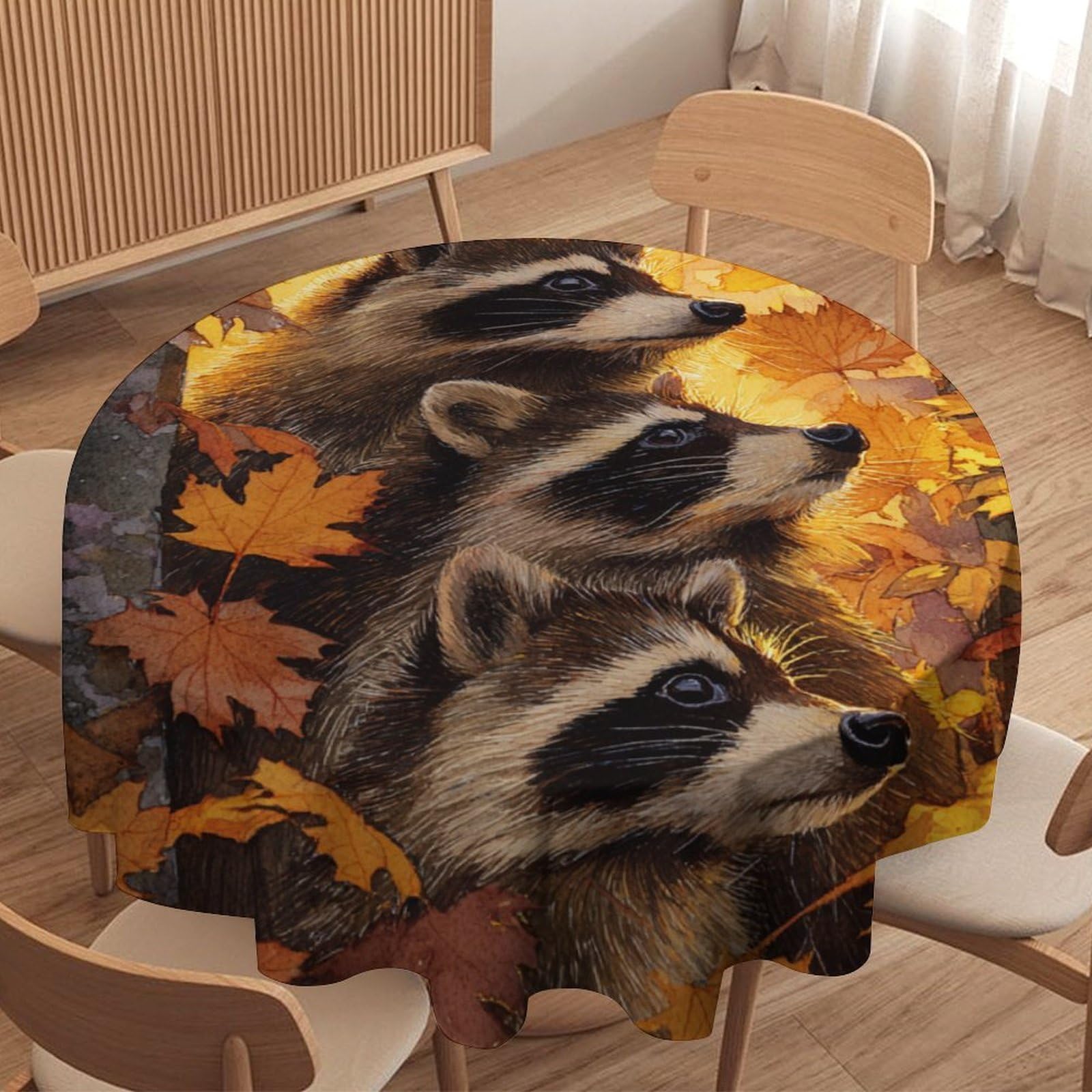 LUYYSKY Cute Classic Animal Raccoons Waterproof Round Tablecloth Beautiful Colorful Autumn Plant Maple Trees Raccoon Pattern Washable Table Cover for Kitchen-70 Wx70 L