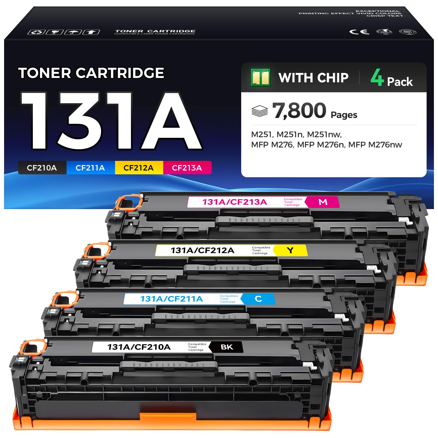131X 131A Toner Cartridge 4-Pack Black Cyan Yellow Magenta High Yield Replacement for HP 131X CF210X CF211A CF212A CF213A Compatible for HP LaserJet Pro 200 color MFP M276nw M276n M251nw M251n Printer
