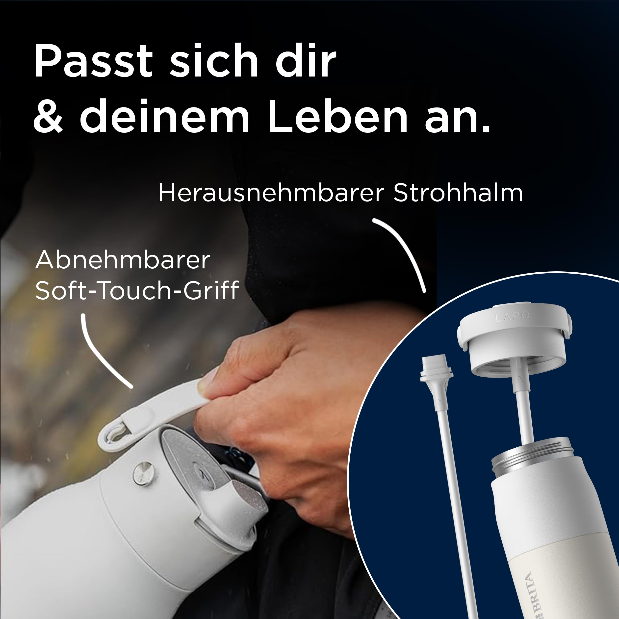 BRITA LARQ Essential Filter Trinkflasche mit Strohhalm grün (1 Liter) | Edelstahl Wasser-Flasche, doppelwandige Isolierung (24h kalt), Aktivkohle Wasserfilter, filtert PFAS, Chlor & mehr