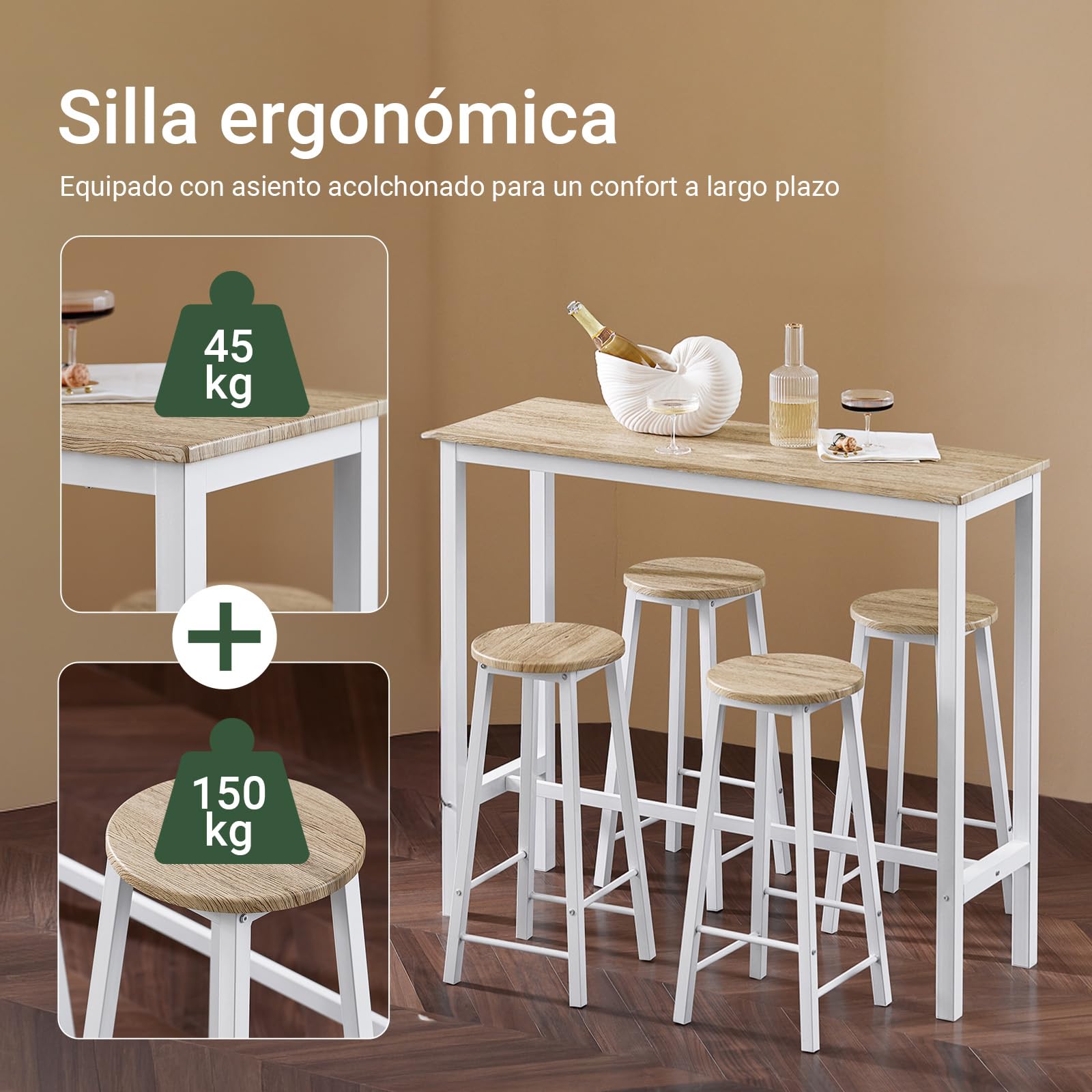 SoBuy Mesa Comedor, Juego de Mesa Alta con 4 Taburetes, Mesa y Sillas de Comedor para Espacios Reducidos, Conjunto de Bar Moderno Blanco OGT22-WN