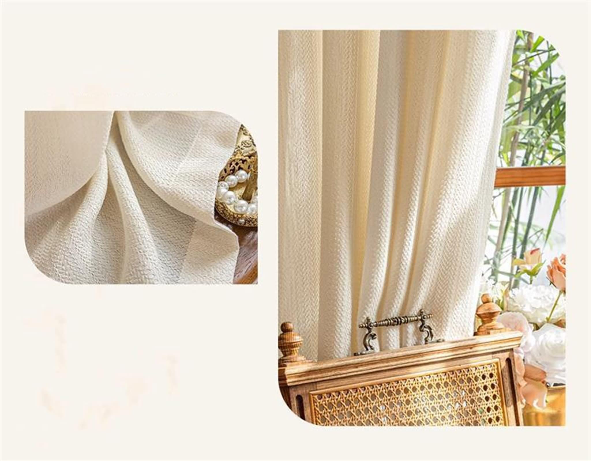 Rideau Salle de Bain Fenetre, Kit Rideau Salon Beige Couleur Unie avec Texture de Feuilles Polyester Lot de 2 86W x 138L cm
