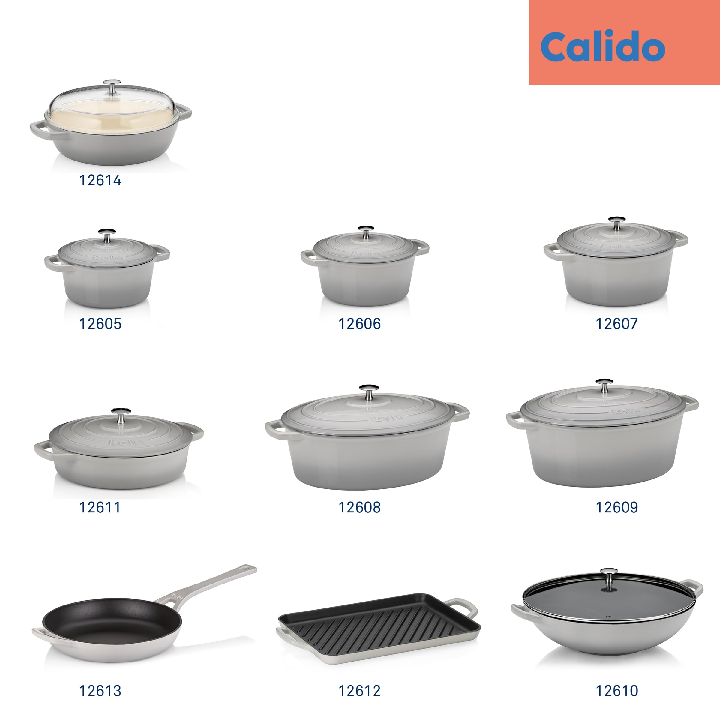 kela Sartén para guisar de 28 cm con borde alto CALIDO, sartén de hierro fundido para inducción con tapa de cristal de 3,8 l, sartén de hierro fundido esmaltado, gris claro