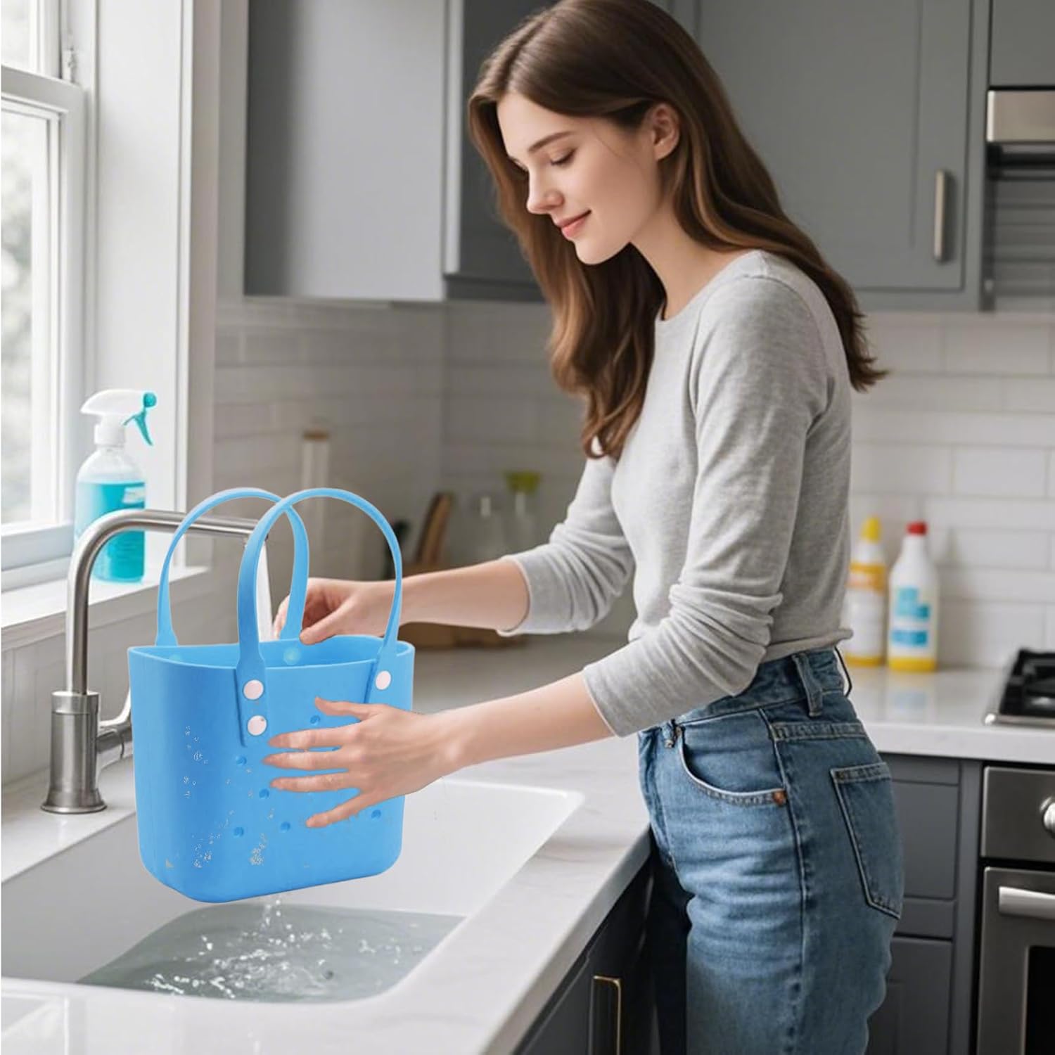 Rubber Tote Bag Small Beach Bag Waterproof Outdoor Tote Bag Washable Tote Portable Travel Bag Open Handbag for Girls/Kids