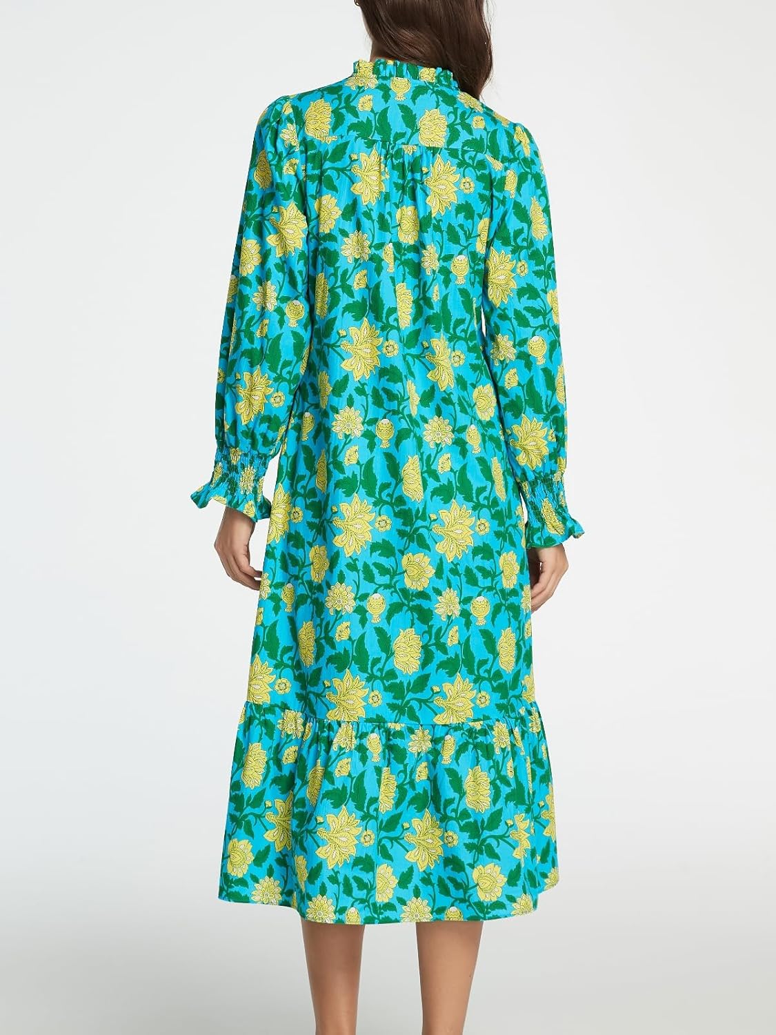 Women Fall Dresses 2025 Casual Puff Long Sleeve Mock Neck Midi Dress Floral Long Dress - Image 2