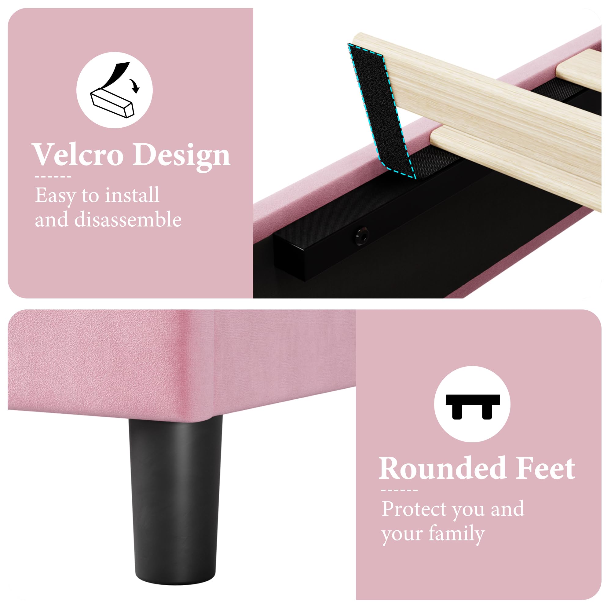 Base de cama de plataforma de tamaño individual con cabecera tapizada y soporte de listones de madera, base de colchón tapizada de terciopelo, no necesita somier, fácil montaje, rosa 5