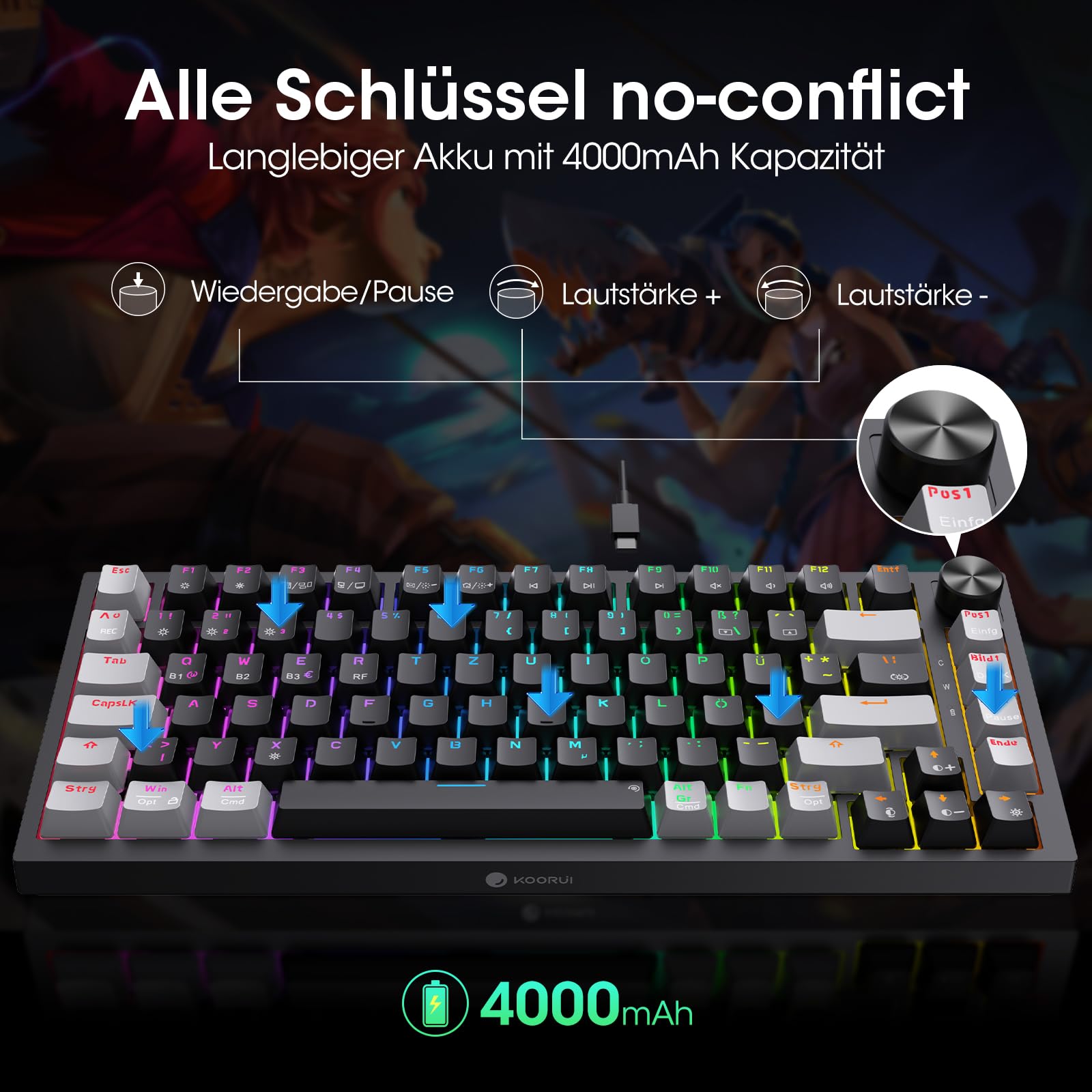 KOORUI Mechanische Gaming Tastatur, Kabellos/Kabelgebunden/Bluetooth, 26 RGB, Wiederaufladbar 4000mAh, 82 Tasten Deutsches Layout QWERTZ, Roter Schalter