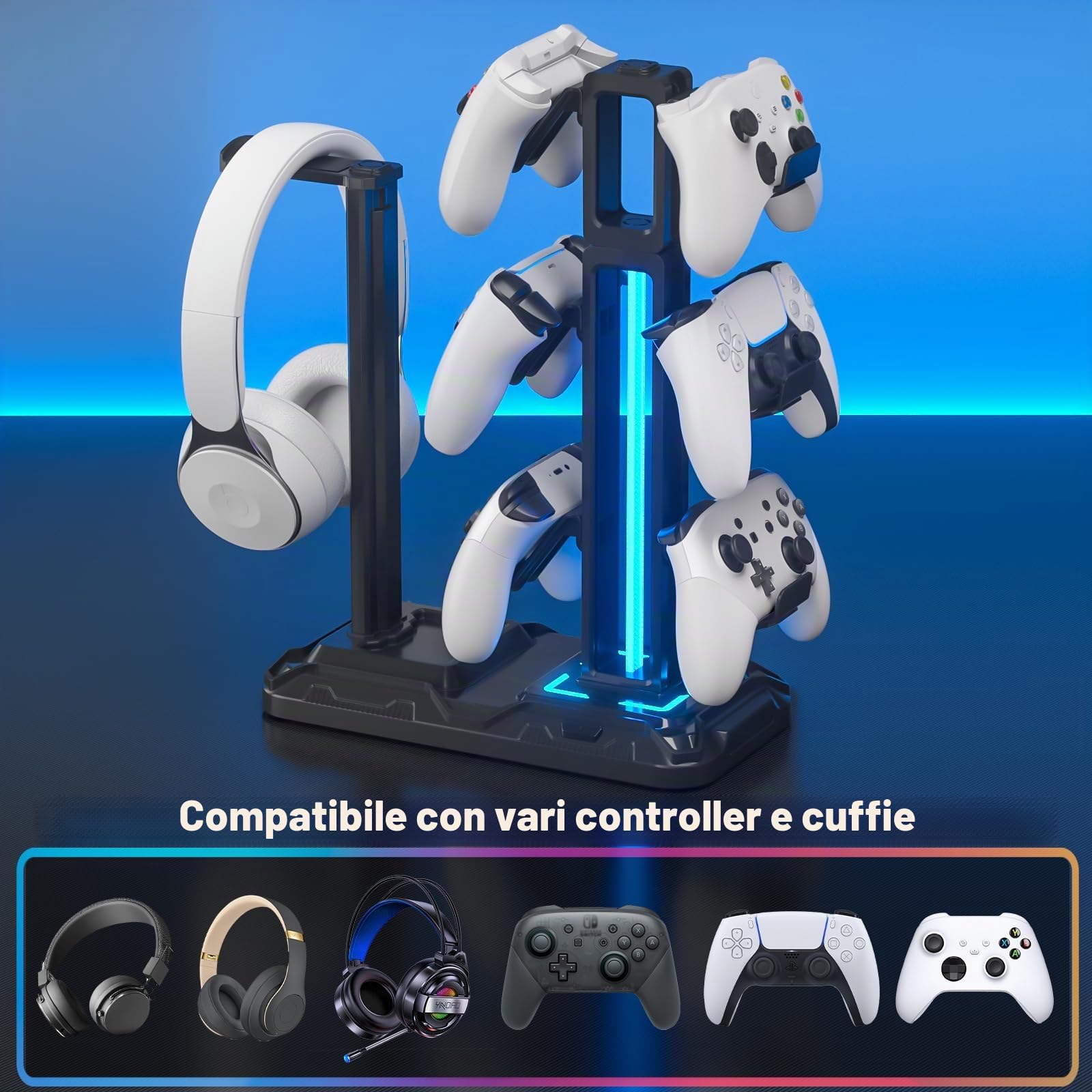 KDD Supporto Controller e Cuffie Gaming da Scrivania con 9 Modalità di Illuminazione e Gancio per Cuffie Ruotabile, Porta Controller con 6 Ganci Staccabili per PC Desktop Accessori Gaming Nero