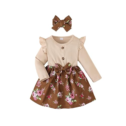 YWFSHOP Baby Toddler Girl Dress Outfit Fall Winter Clothes Crew Neck Corduroy Long Sleeve Dresses with Bow Headband