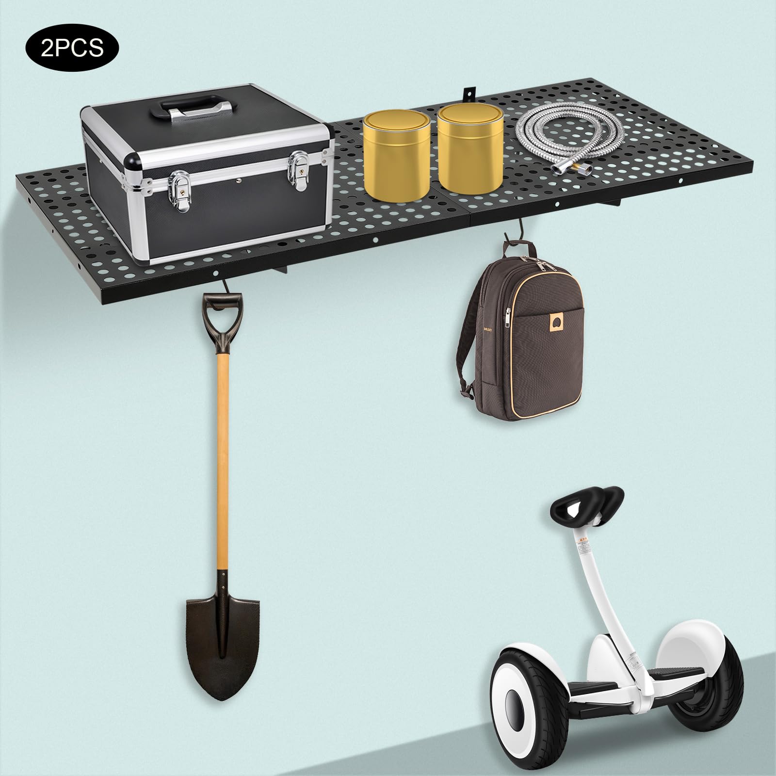 Beuioslyr Garage Wall Shelving with 4-Hooks, 2-Pack Garage Storage Rack Wall Shelf Garage Organization System, Heavy Duty Garage Storage Rack Floating Shelves, 560 lbs Weight Capacity, Black(20