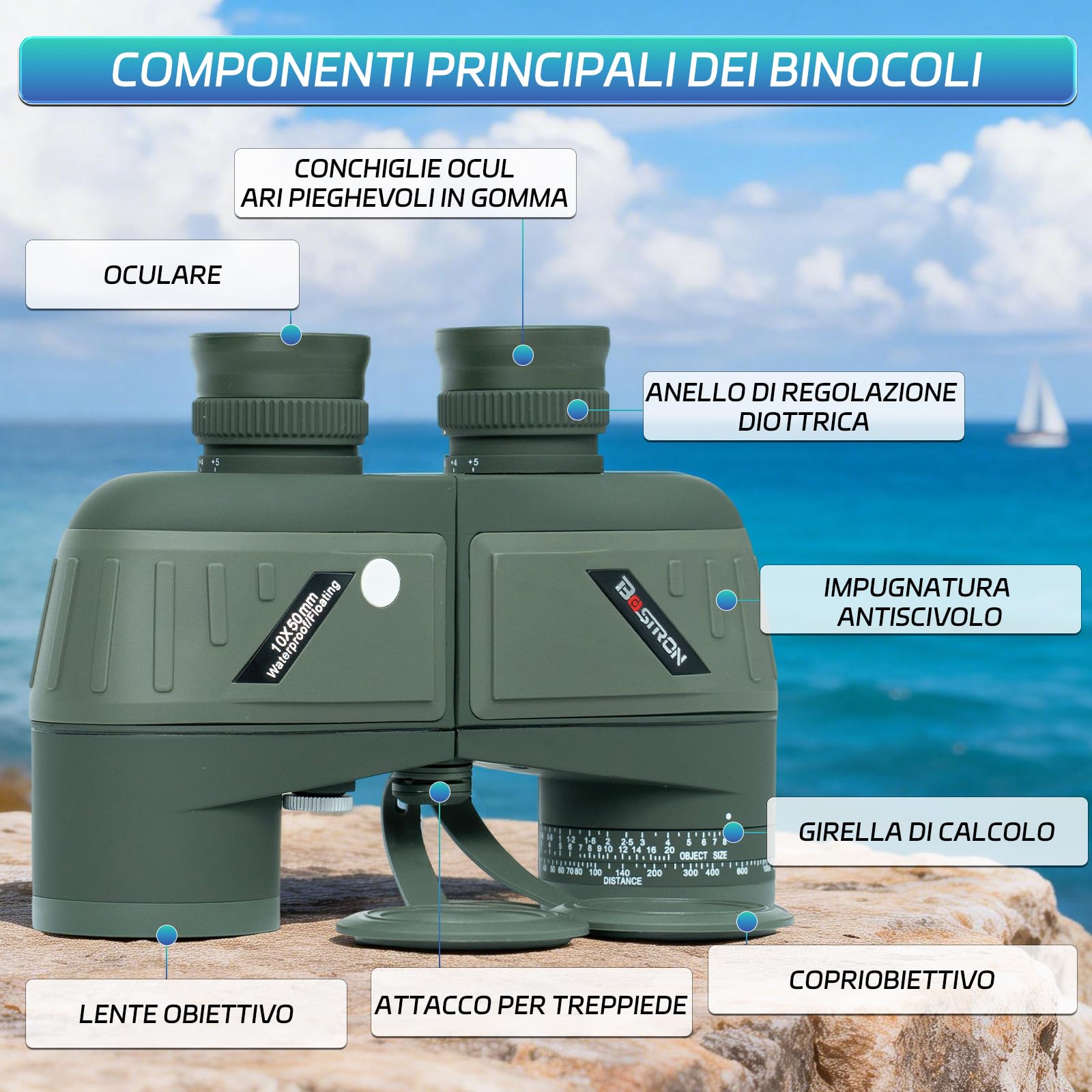 Binocolo Marino 10x50 per Adulti, Impermeabile IPX7 | Prisma BAK4 Lenti FMC, Binocolo Militare Professionale con Telemetro per la Navigazione Birdwatching Caccia - Green