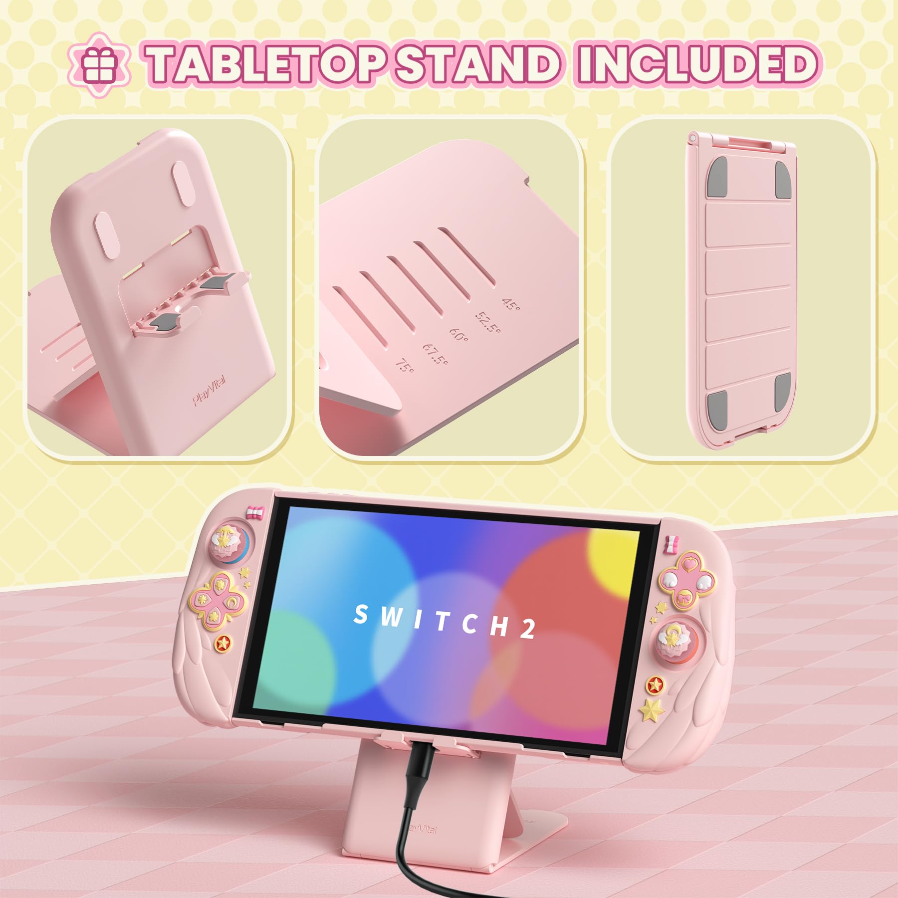 playvital Funda Protectora para Nintendo Switch 2 (2025) - Agarre de Silicona con Carcasa Trasera de PC, Protector con Soporte Plegable y Tapas para Joysticks, Diseño Alas Mágicas (Rosa)