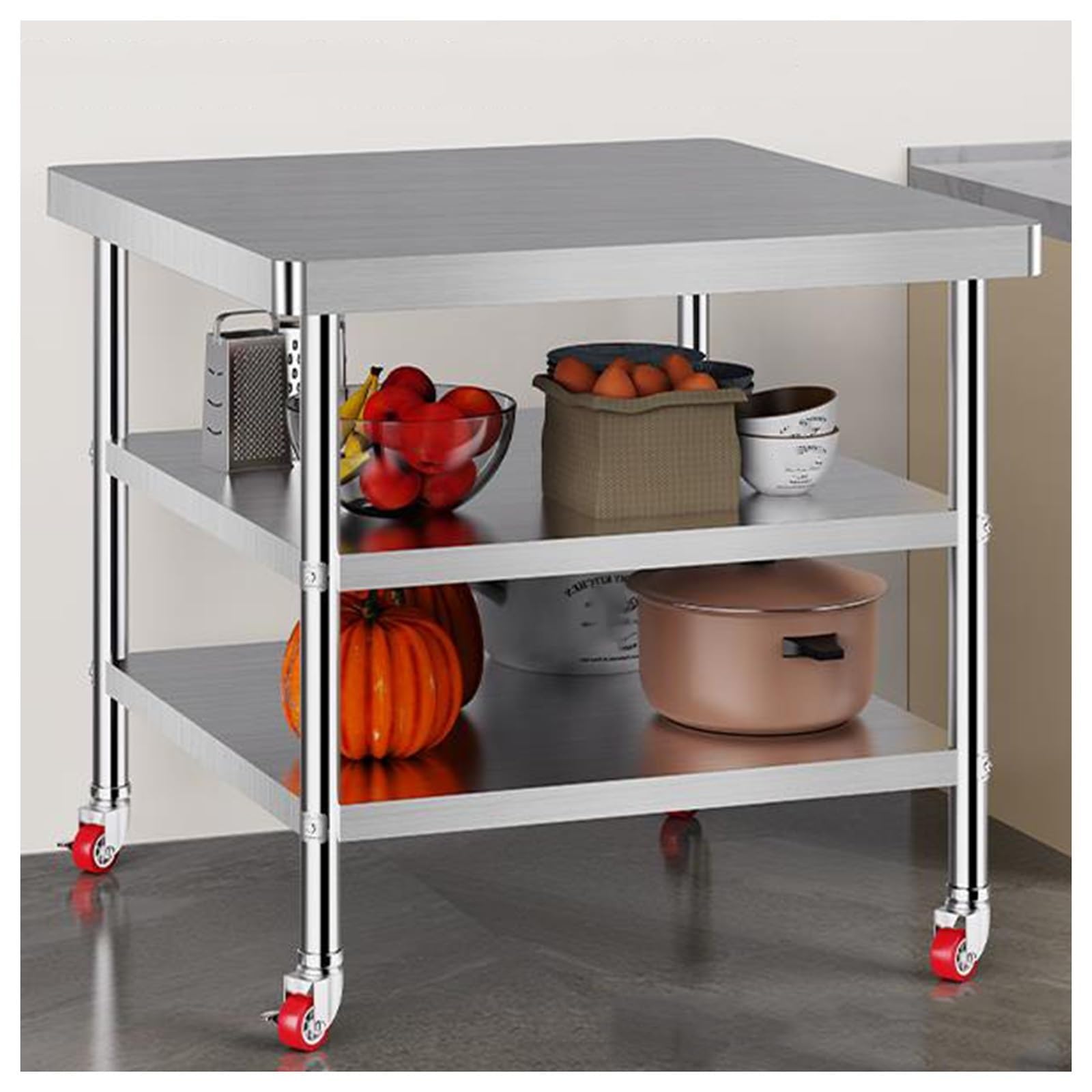 Tavolo Da Lavoro In Acciaio Inossidabile A 3 Ripiani Su Ruote, Tavolo Da Preparazione Commerciale, Tavolo Da Catering For Impieghi Gravosi Con Ripiani Aperti For Cucina, Casa E Ristorante(100x80x50cm)