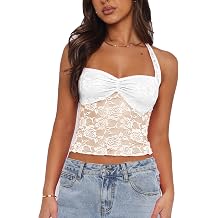 Women Y2k Lace Halter Neck Crop Tops Sexy See Through Going Out Tops Cute Backless Sheer Tank Mesh Cami Shirt