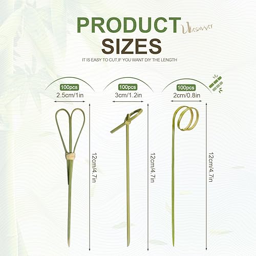 Miniatura 2 de URSMART 300 palillos de cóctel de bambú, palillos de dientes para aperitivos de 4.7 pulgadas, brochetas de bambú hechas a mano con lazo, nudo y