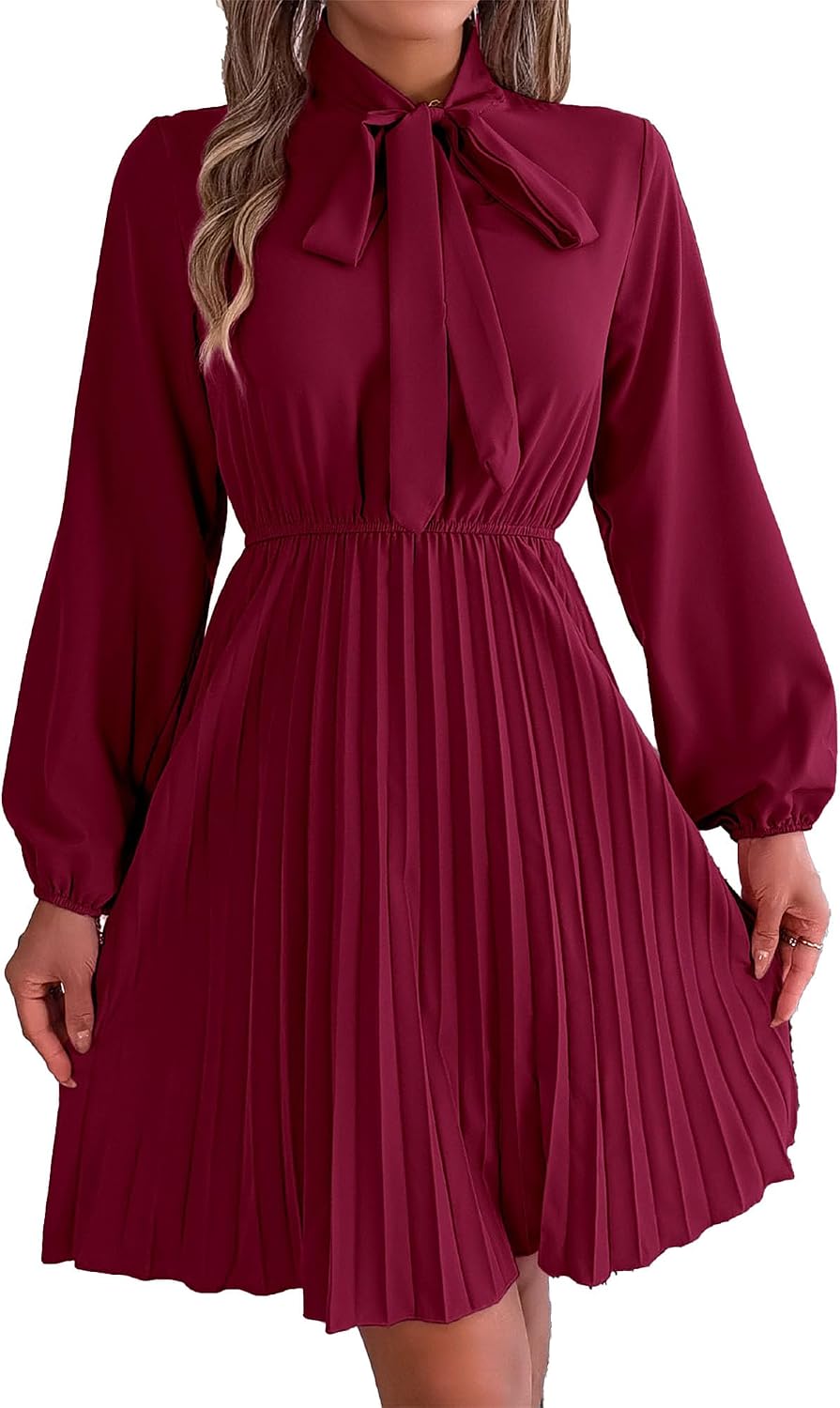 Women's 2024 Spring Tie Crew Neck Maxi Dress Long Sleeve A-line Dress Casual Empire Waist Boho Ruffle Flowy Long Dresses