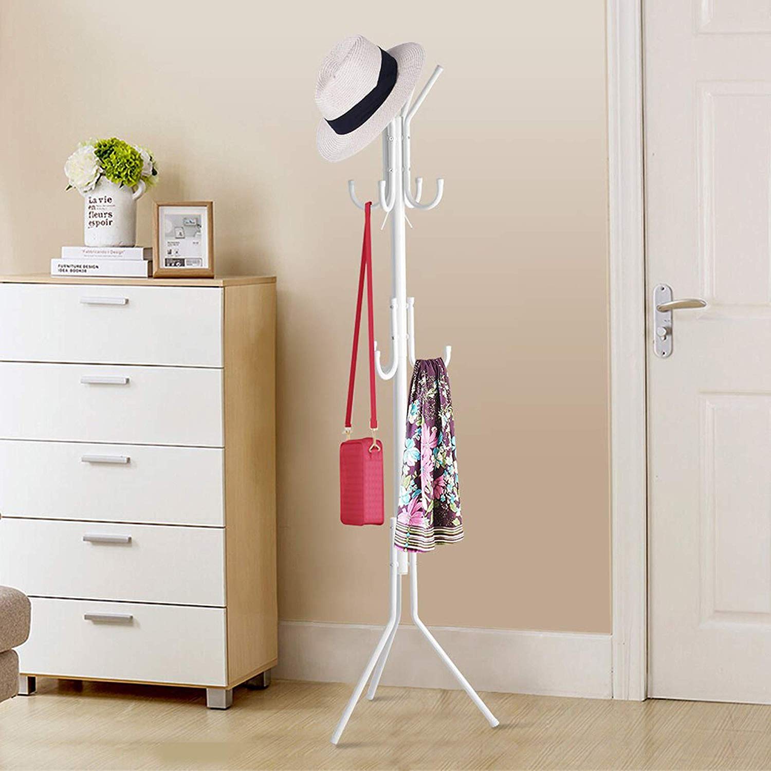 LEOPAX Metal Coat Rack Freestanding 12 Hook Tree Shape Coat Stand | Coat Hanger Stand | Floor Standing Coat Rack | Clothes Rack Hanging Clothes, Towels, Hats, Bags - White, 30X82X138 Cm