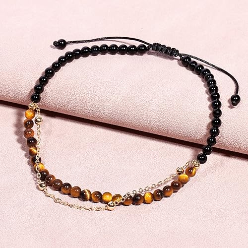 Miniatura 7 de Jewever Pulsera tobillera con diseño de ojo de tigre en capas y ágata negra para mujer, cadena chapada en oro de 14 quilates, antiansiedad, yoga,