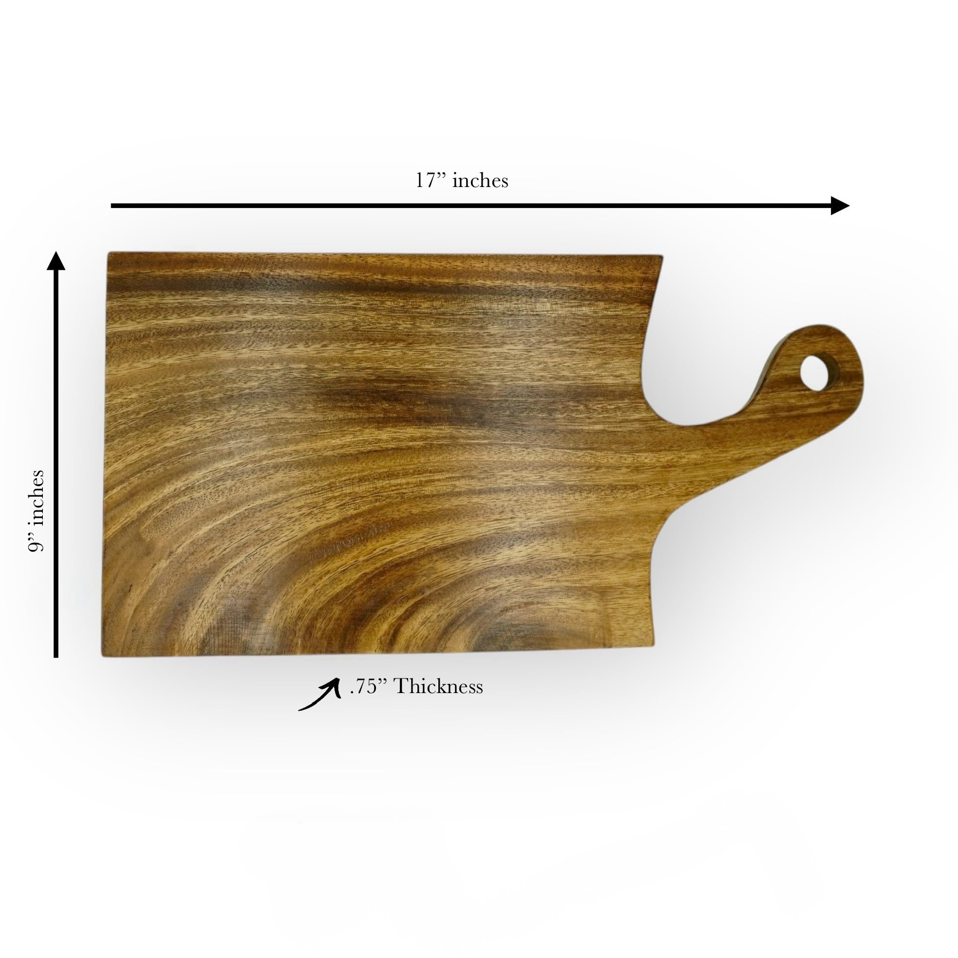 Tabla de embutidos de madera de acacia con asa, hecha a mano, sólida, sin juntas, doble cara, granos de madera continuos, tamaño 43 x 22,8 cm