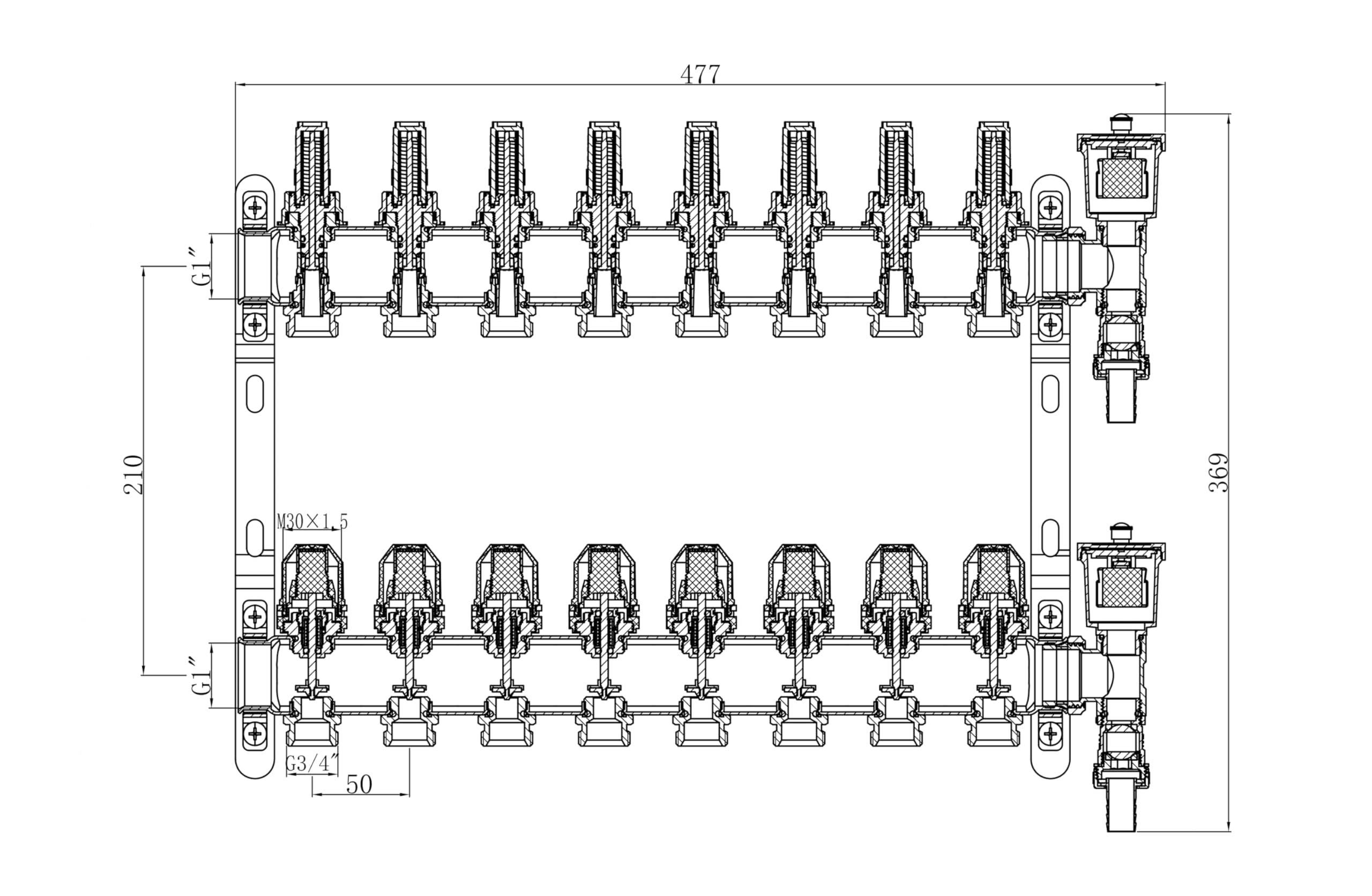 Collecteur plancher chauffant en inox 8 circuits avec débitmètres – Entraxe 50 mm – Alimentations femelle 1" (26x34) – Sorties mâle 3/4 (20x27) Eurocône – Acier inoxydable – NOYON & THIEBAULT