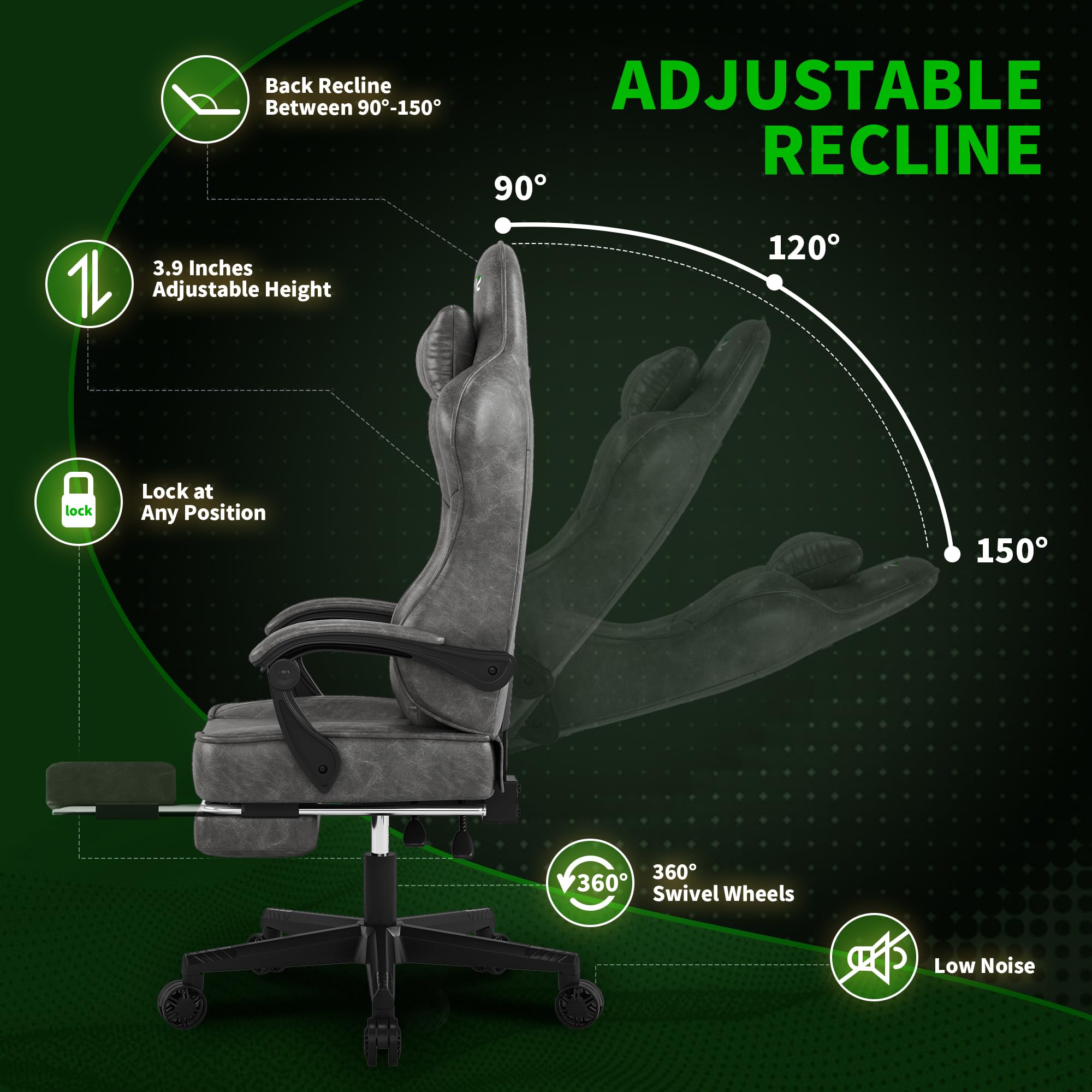 Sedie Gaming, Sedia da Ufficio Ergonomica, Poltrona Altezza Regolabile, Sedia da gioco con poggiatesta e supporto lombare sedia per PC, con poggiapiedi, in pelle PU, girevole a 360 gradi-Gray