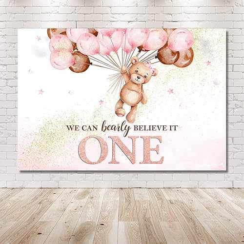 Miniatura 6 de MEHOFOND Telón de fondo de oso para el primer cumpleaños para niñas, con texto en inglés "We Can Bearly Believe It One Happy First Birthday",