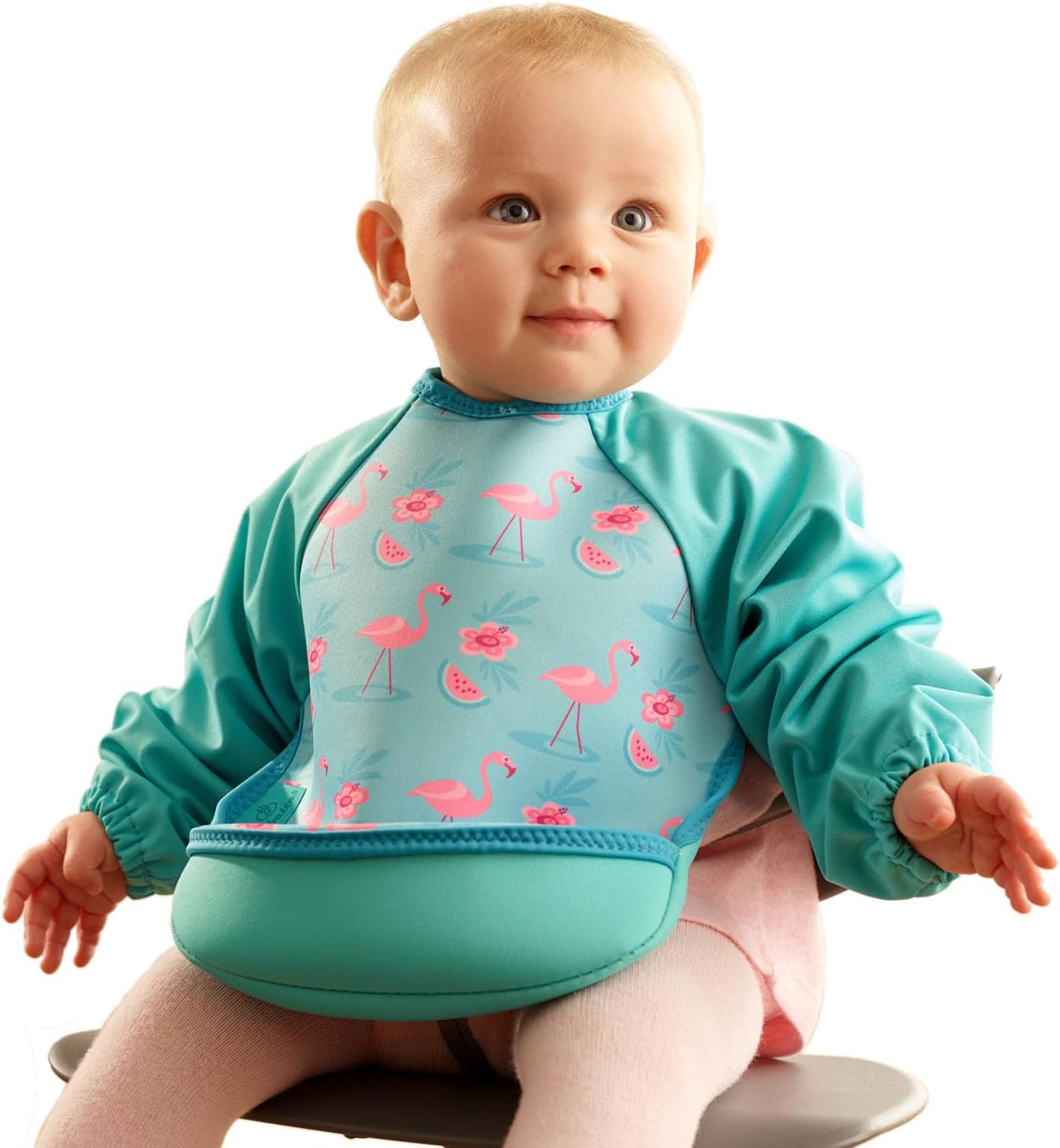 Bibetta Ultrabib - Weaning bib with sleeves - Premium Neoprene for Comfort - Waterproof Baby bibs with Crumb Catcher Pocket for Feeding Toddler & Babies - Roll Up and Machine Washable (Flamingos)