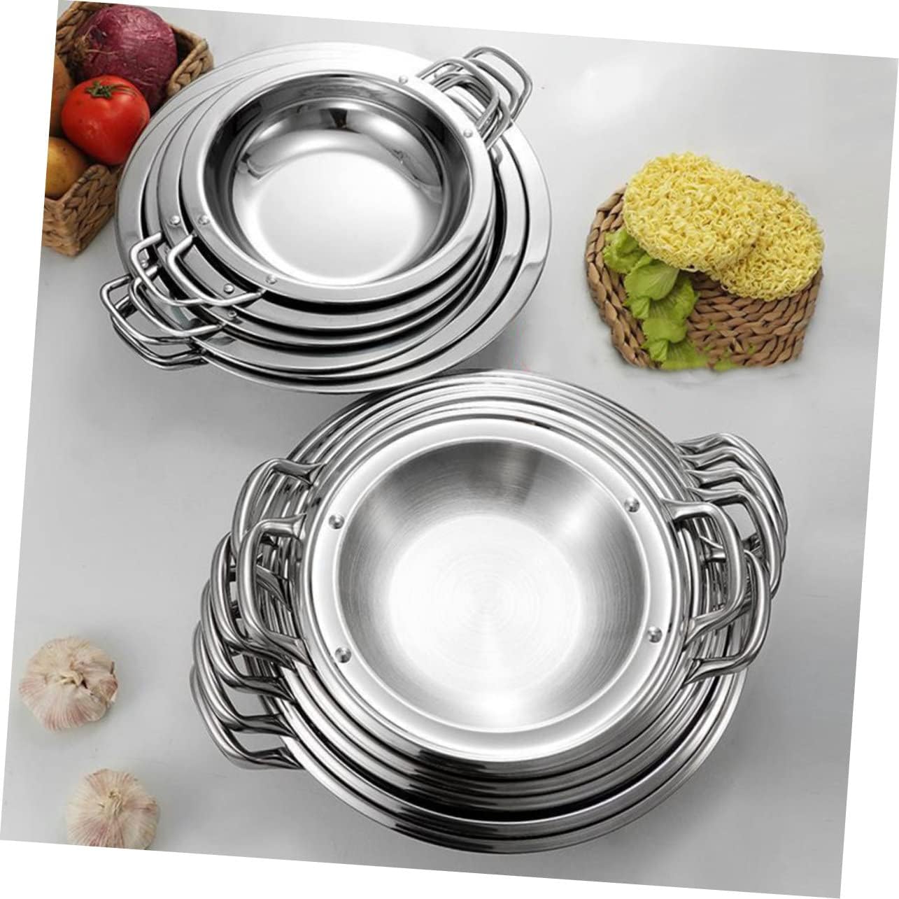 Multi-function Paella Pan Stainless Steel Silver Xmas Shallow Pot