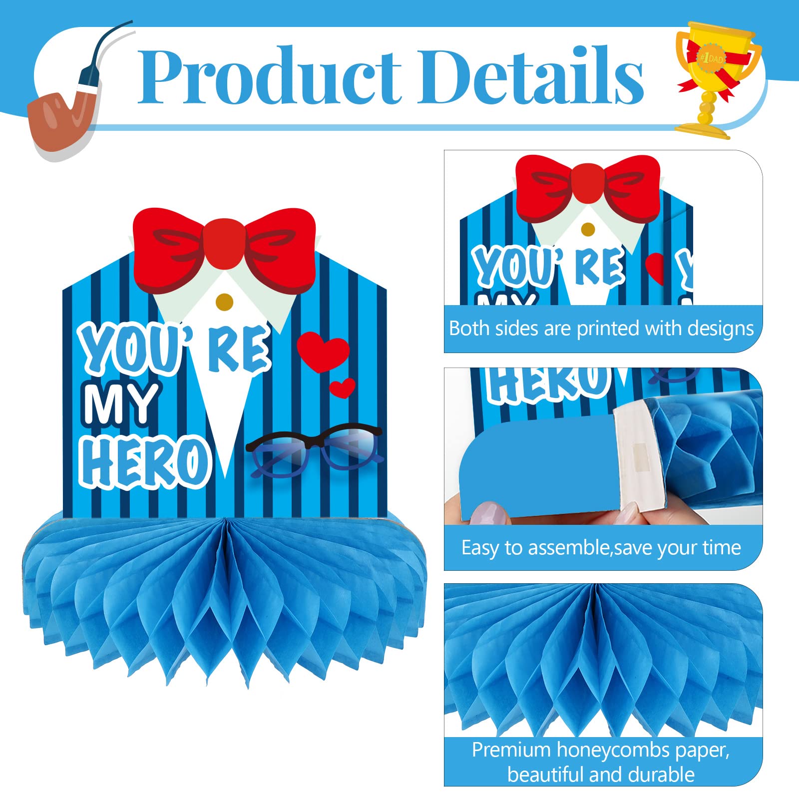Happy Father's Day Honeycomb Centerpieces - 12 Pack Table Decor, Double-Sided, Easy Assemble Party Supplies