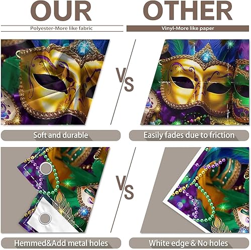 Miniatura 5 de ZTHMOE Máscaras de Mardi Gras de poliéster de 7 x 5 pies, telón de fondo, carnaval, fiesta, mascarada, morado, verde, dorado, cuentas, plumas, fondo