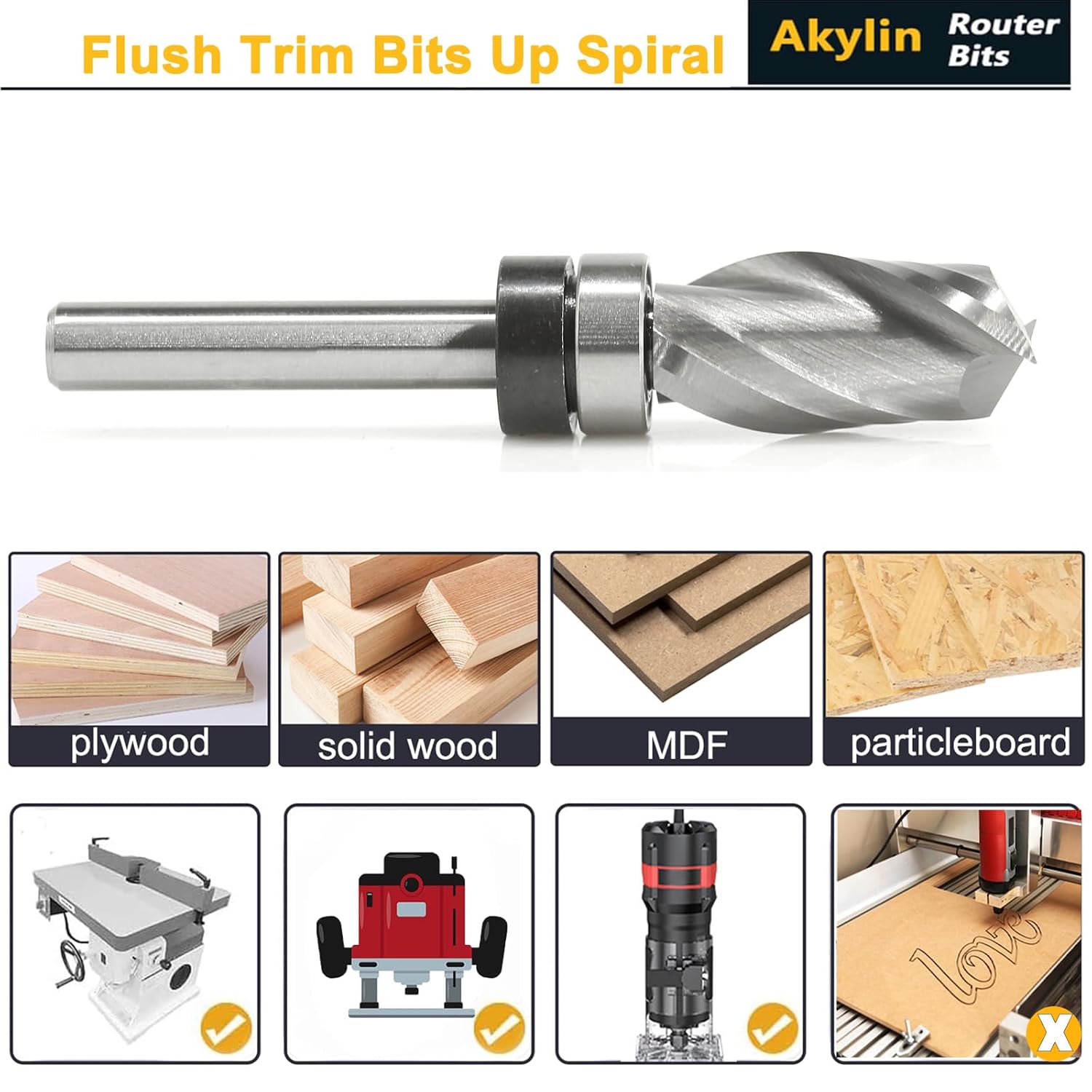 Carbide Flush Trim Router Bit 1/2" Dia. 1" Length, 1/4 Shank, Plunge Pattern Template UpCut Spiral 2 Flute,Flush Cut Router Bits for Flush Trimming,Dado,Bottom Cleaning with Top Ball Bearing