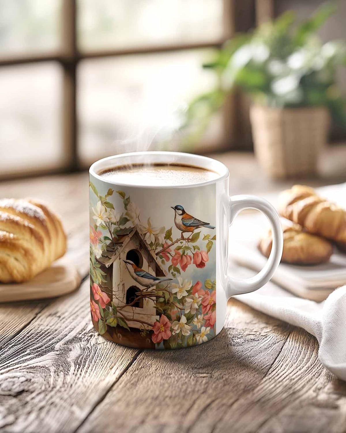 BEMIGO Ceramic Coffee Mug Spring Flowers Birds Birdhouse Ceramic Mug White Cup, Watercolor Florals Insulated Coffee Cup with Handle with Pattern Perfect for Tea and Hot Beverages, 12oz