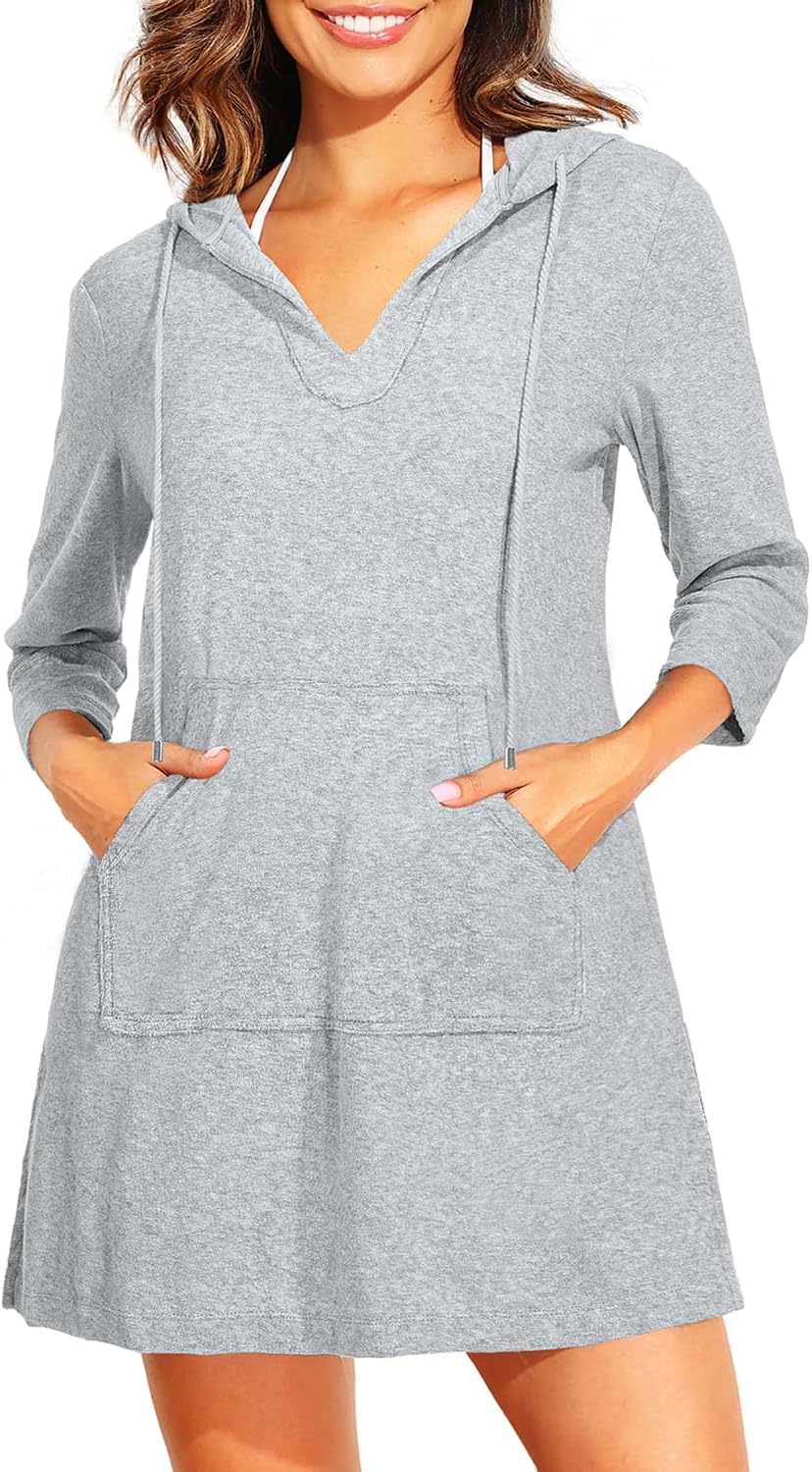 Pinup Fashion Terry Cloth Swim Cover Up - Hooded Beach Women Cover-Up Long Sleeve Coverup with Pocket