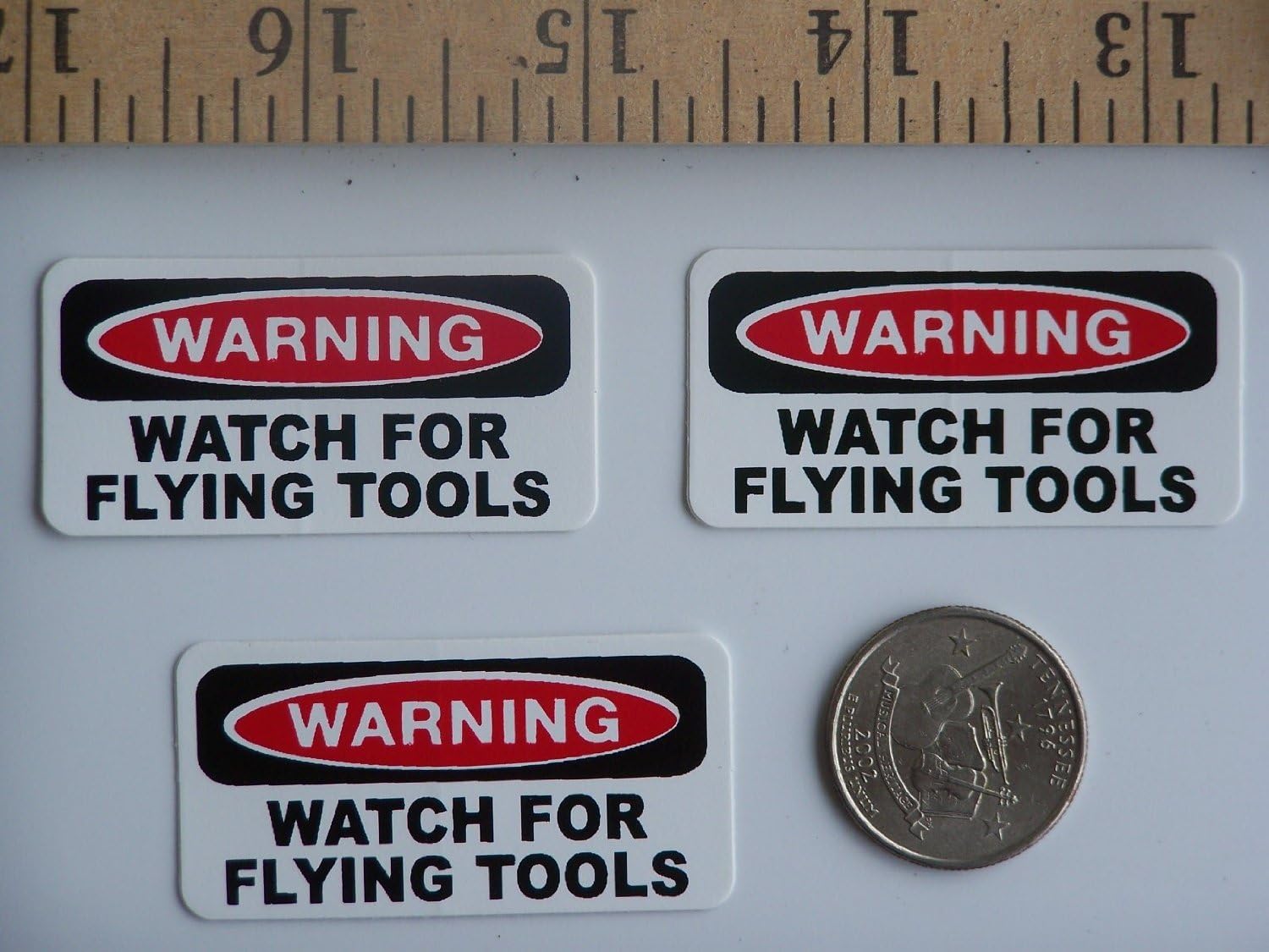 3 - Warning Watch for Flying Tools, 1" x 2", Hard hat, Helmet, Cell Phone, Funny, Humorous, Vinyl Decal Label Sticker