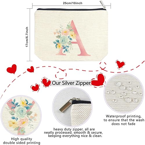 Miniatura 2 de ancpeany Letra A-Z - Bolsa de maquillaje floral personalizada para mujeres, bolsa de lino impermeable para cosméticos de viaje pequeña, A, Floral
