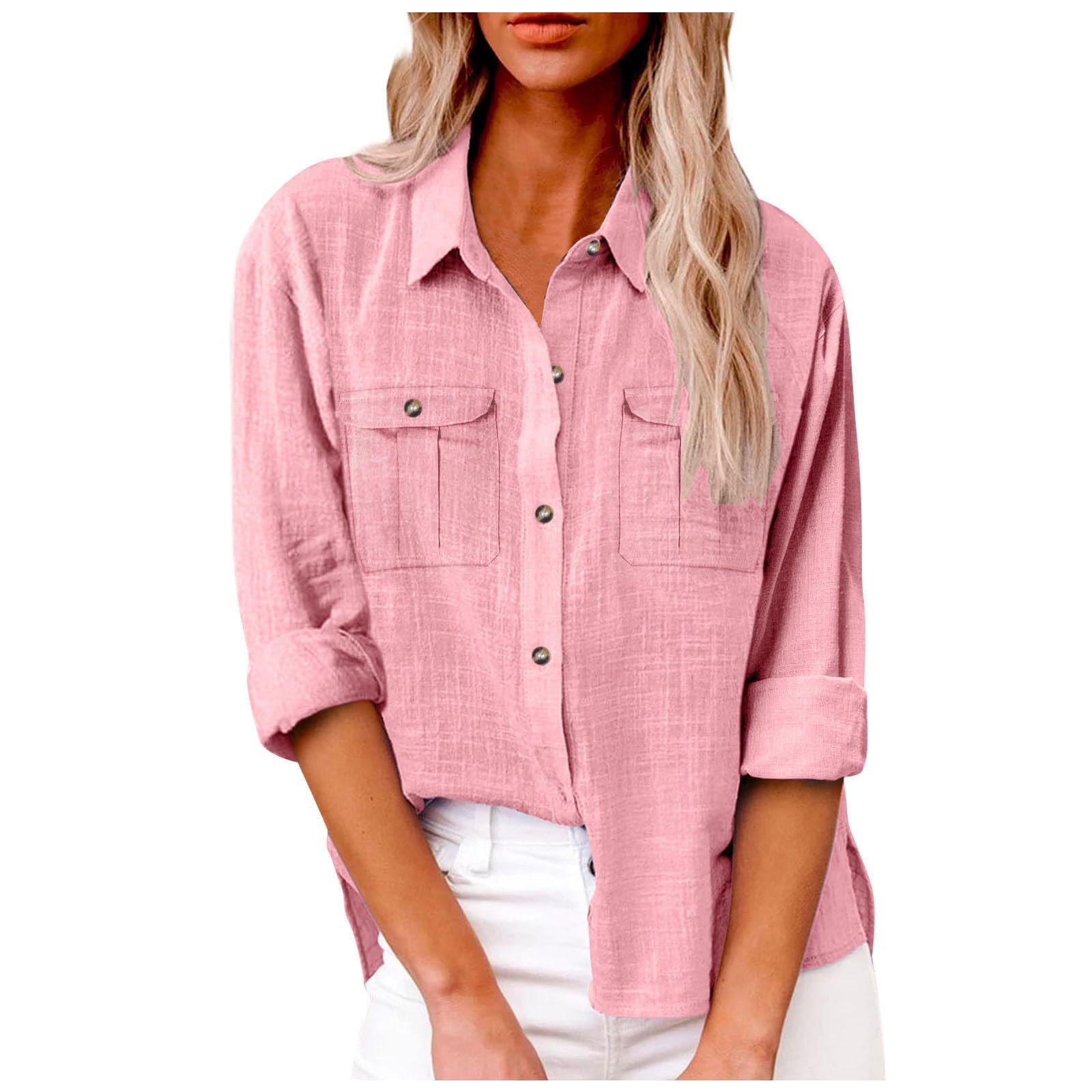 Camisa de lino con botones para mujer, para verano, color liso, manga larga, cuello y playa, de algodón, a la moda, para primavera, muselina, ropa de gran tamaño, casual, de gasa, para mujer