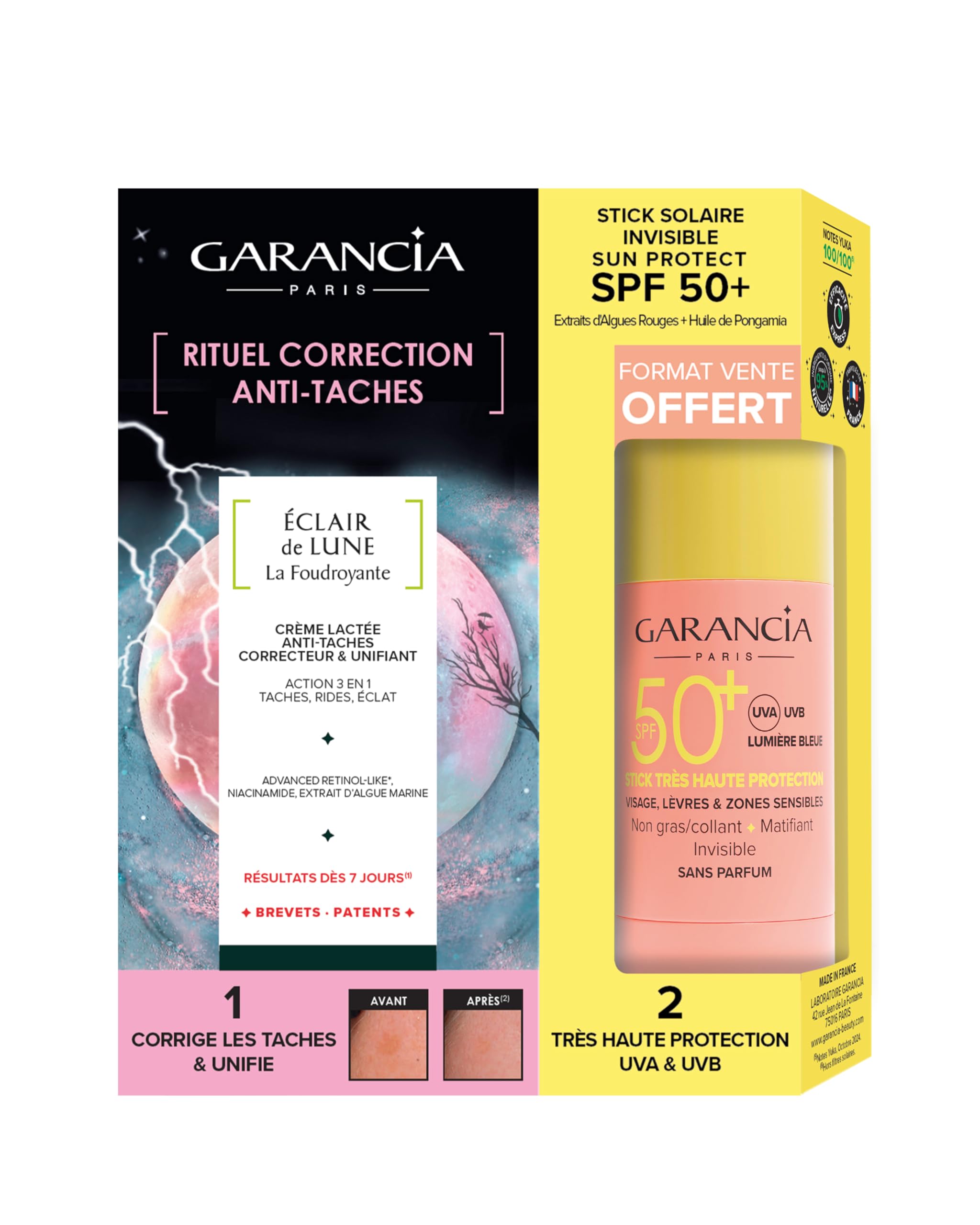 Garancia Rituel Anti-Taches Crème Lactée + Stick Solaire SPF50+ Éclat Teint | Crème lactée aux nacres illuminatrices et stick SPF50+ invisible. Unifie, corrige, protège, résultats dès 7 jours