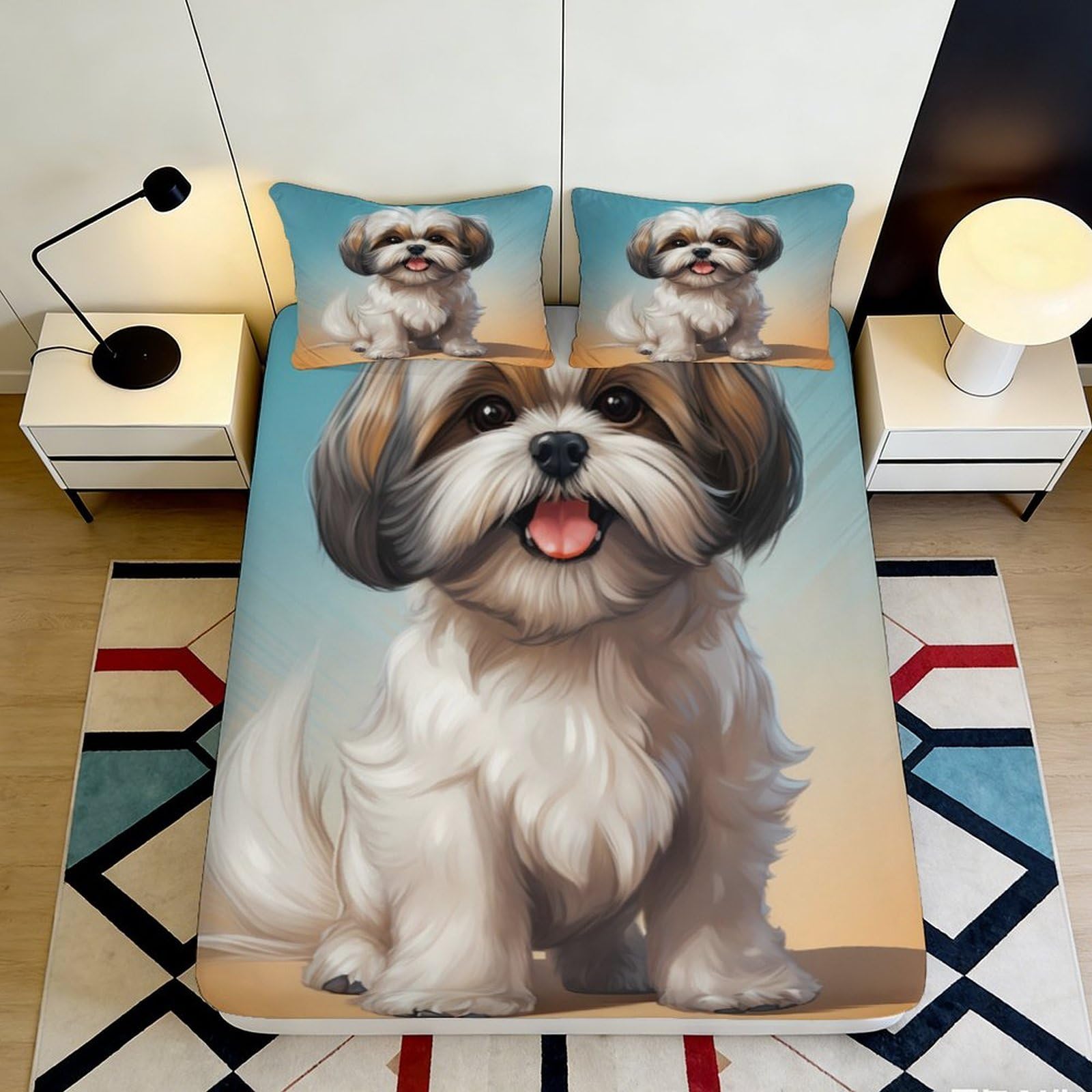 3D Printed Shih Tzu Dog Fitted Sheet Microfiber Soft Non Slip Cartoon Puppy Bed Cover for Bedroom Guest Room Decor 90x200x25cm