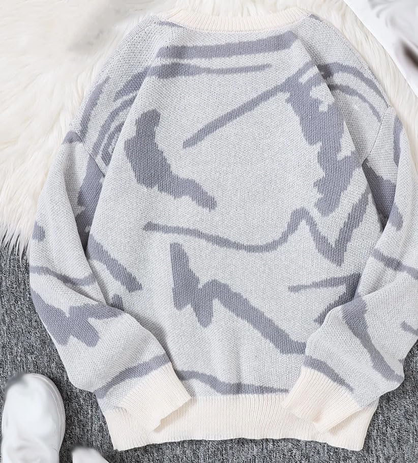 Men's Spring Autumn Casual Pullover - Graffiti Textured Pattern Round Neck Contrast Color Knitted Sweater2