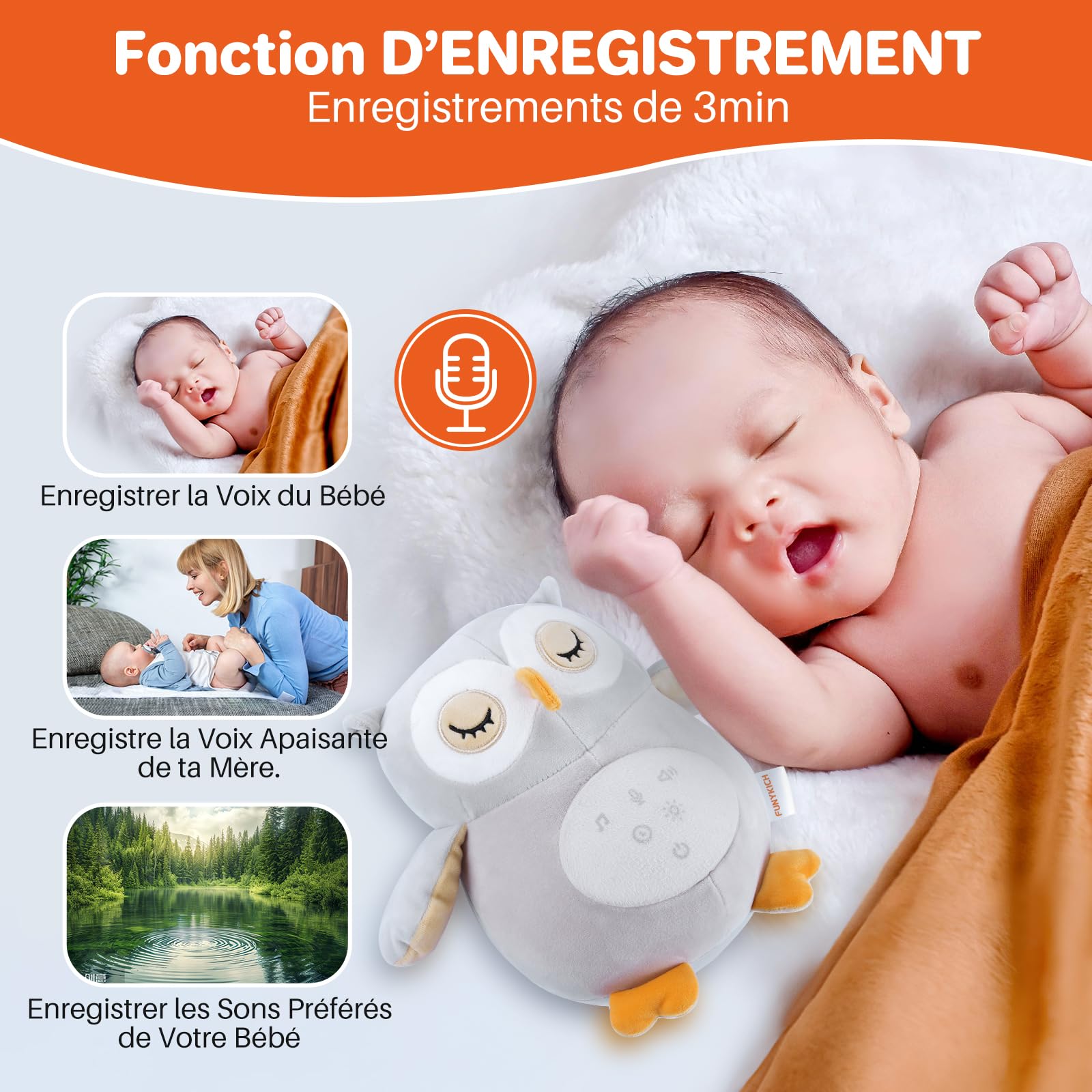 FUNYKICH Peluche Hibou Apaisante Hochets Apaisants avec Bruit Blanc pour Bébé Jouet Musical Lumineux pour Nourrissons Veilleuse Peluche Lavable en Machine avec Partie Détachable