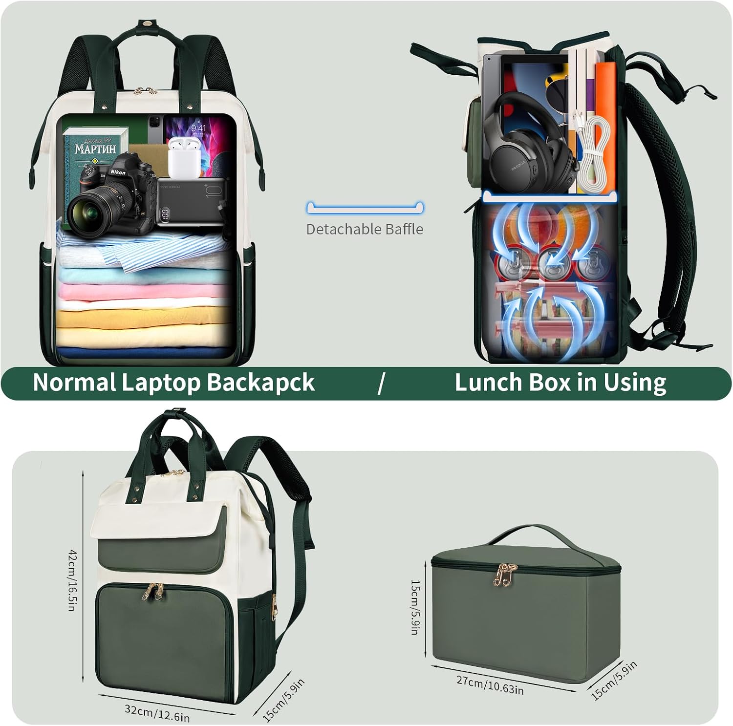 BERTASCHE Lunch Backpack for Women, 17.3 Inch Laptop Backpack with Insulated Cooler Lunch box, Nurse Backpack for Teacher Work Travel College Picnic,Green-Beige