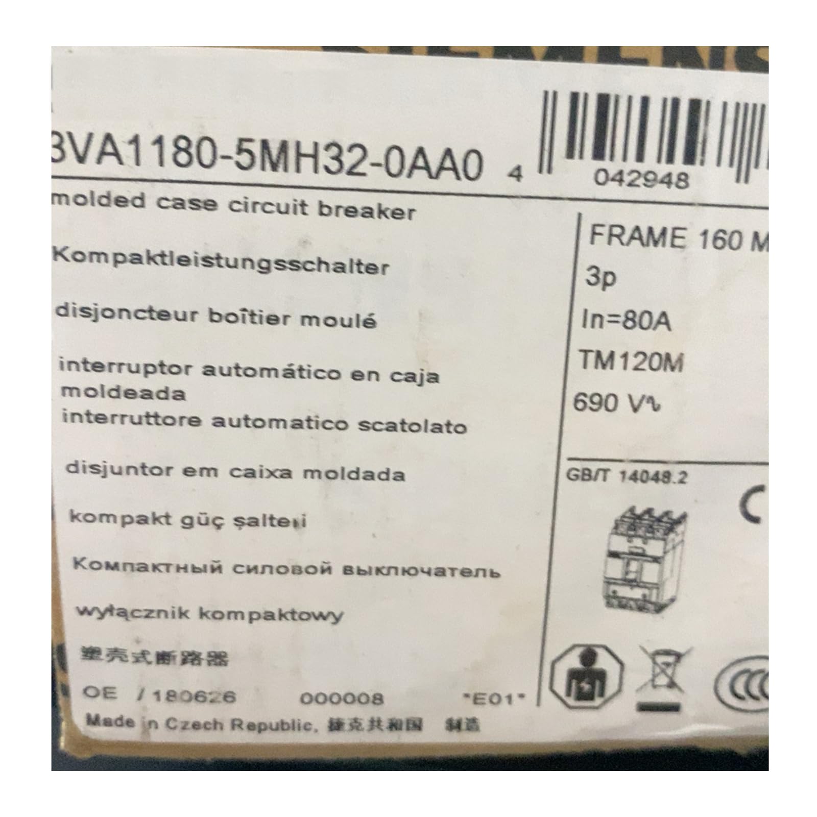 3VA1180-5MH32-0AA0 disjoncteur boîtier moulé matériel électrique basse tension
