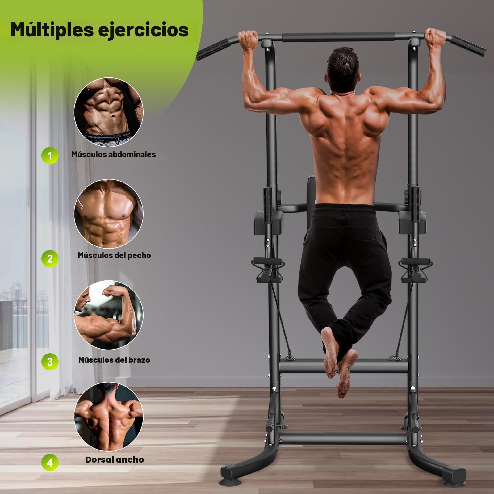 Power Tower Dip Station Barra de dominadas independiente Altura regulable de 170 – 220 cm Multifuncional Estación de fuerza Torre de Entrenamiento para Casa Pull Up Bar