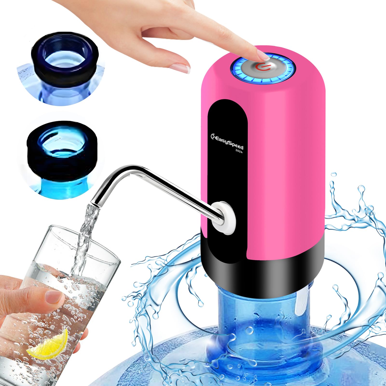 EASYSPEED Dspensador de Agua con 2 adaptadores, Bateria USB 1200 mah, Grifo Bomba dosificador automático para garrafas y Botellas de 5 8 10 12 15 20 litros para oficinas y escuelas,Carmín