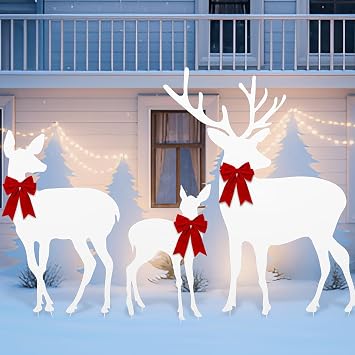 3 Pcs Metal Reindeer Outdoor 47"h 2d Silhouette Set Stakes, white | Christmas Yard Ornaments with Red Velvet Bows, Buck Doe Fawn Silhouettes, Standing Lawn Garden Holiday Festive Display