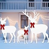 3 Pcs Metal Reindeer Christmas Decor Outdoor 47'' 2D Deer Family Silhouette Set with Red Velvet Bow Reindeers Sign with Stake Outdoor Christmas Yard Standing Decor for Lawn Garden
