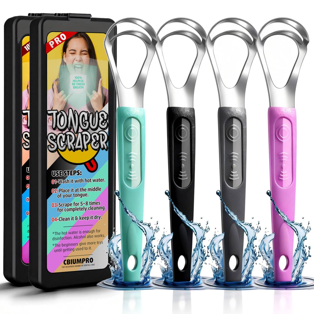 4-Pack Tongue Scraper for Kids & Adults, Stainless Steel Tongue Cleaner with Travel Case, Reduce Bad Breath